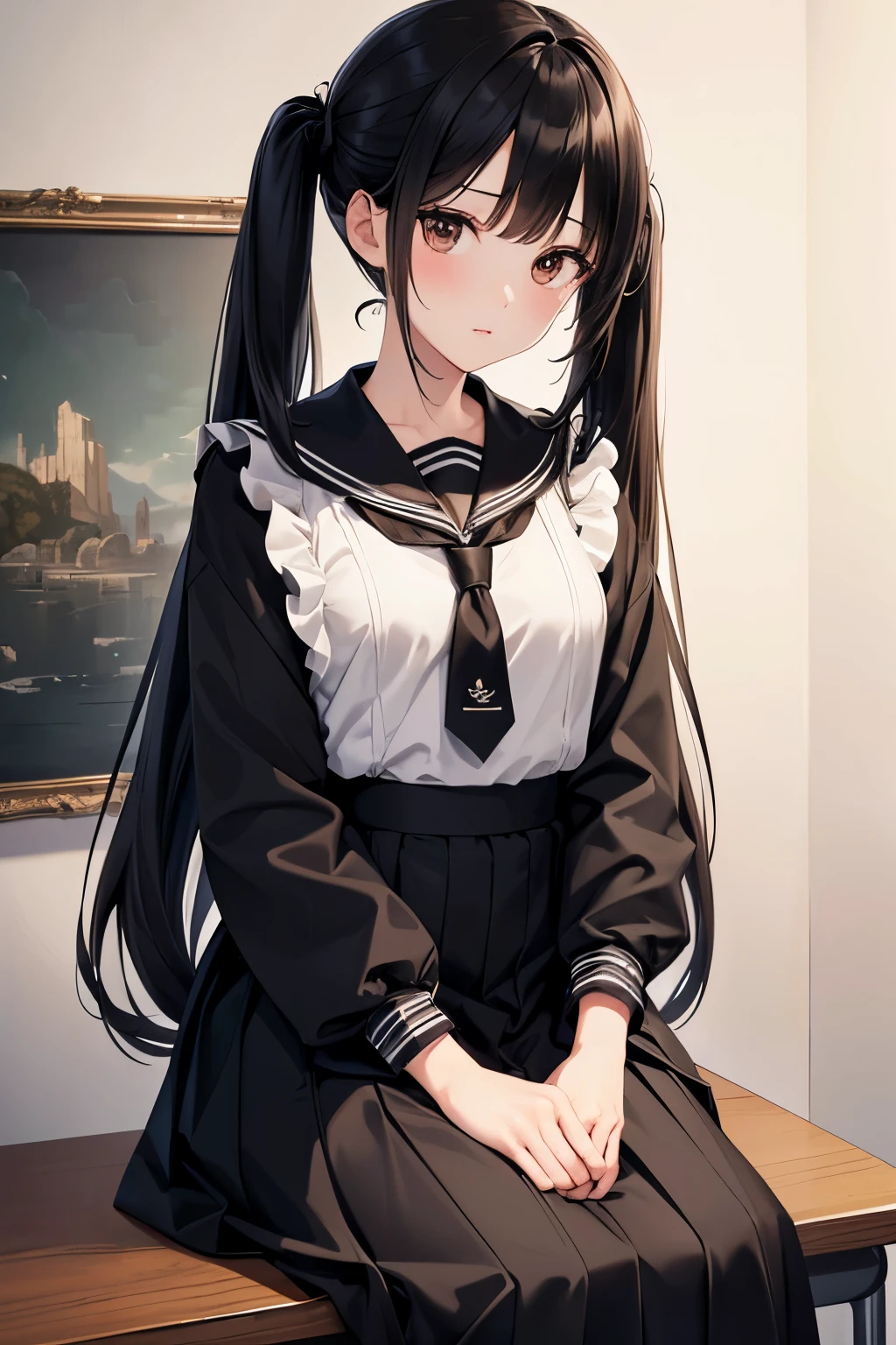 ((highest quality)),(ultra high resolution),(Super detailed),(detailed description),((best CG)),(best work of art),super precision art,great drawing art,(Art with precise details:1.5), Portrait:1.6,bust shot:1.4,(1 woman:1.5),beautiful and well-shaped face:1.5,black sailor suit、 white tie、Japanese、girl,Slender、small face、brown eyes、tall、 highres,black hair、(semi long hair:1.3)、classroom、black long skirt、Sitting at a desk、Mature、(forehead:1.1)、low twintails