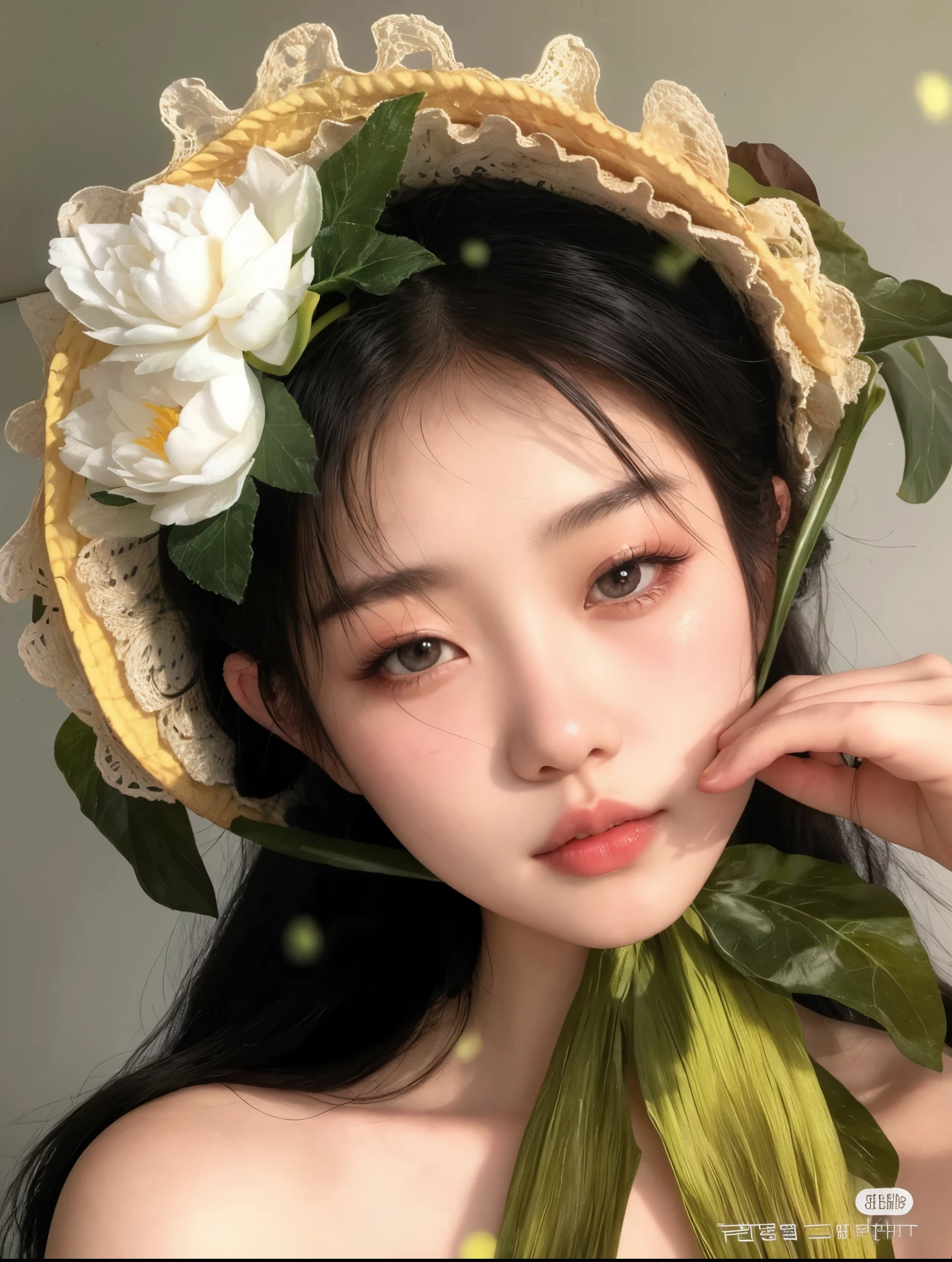 there is a woman with a flower in her hair posing for a picture, aesthetic portrait, beautiful aesthetic face, ulzzang, lotus floral crown girl, popular south korean makeup, artwork in the style of guweiz, with straw hat, xintong chen, kawaii realistic portrait, fairycore, guweiz, aesthetic face, sakimichan