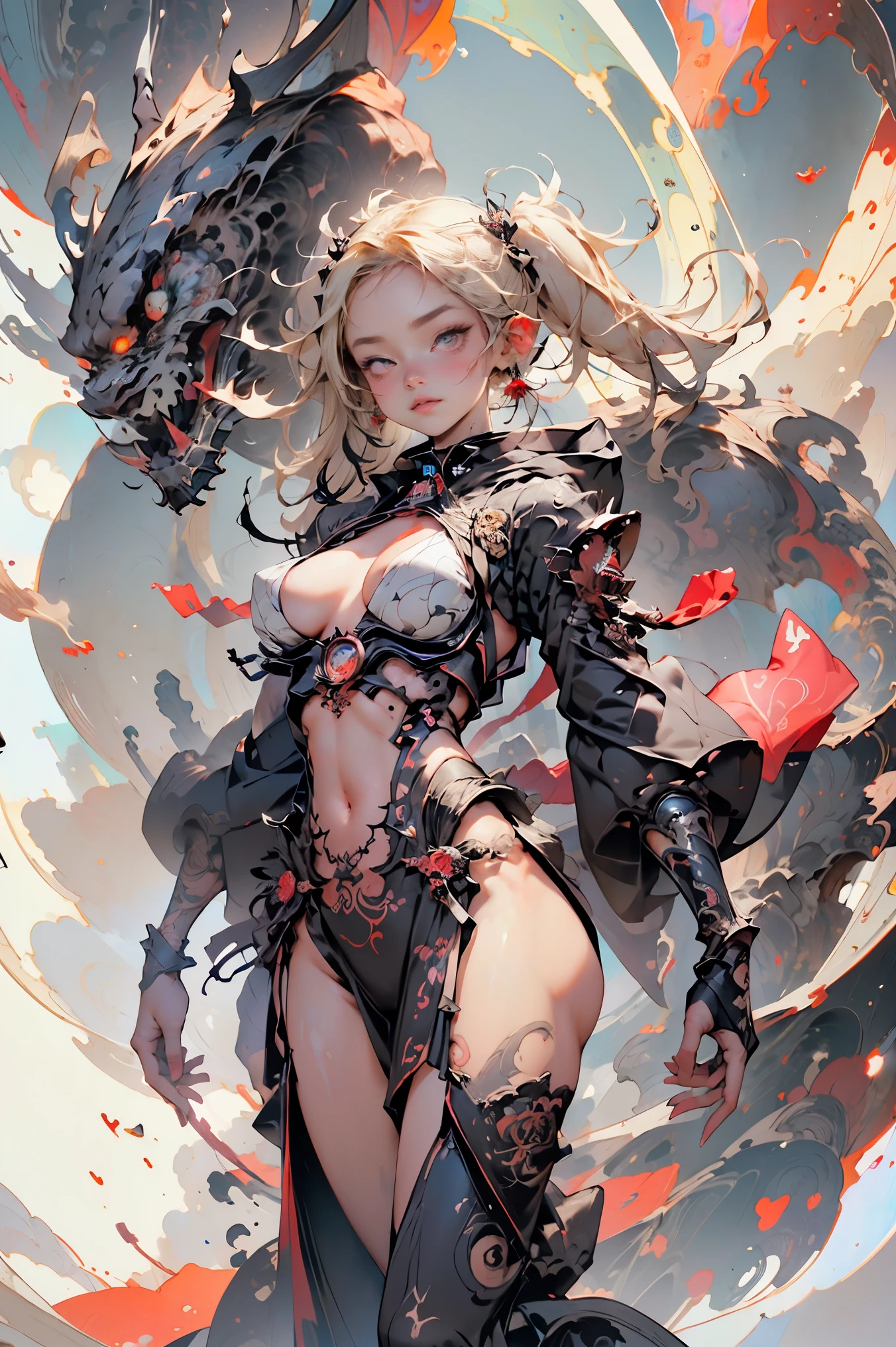 (absurdres, highres, ultra detailed), (1girl:1.3), twintails, blonde hair, BREAK , digital sculpture, 3D modeling, computer-generated forms, virtual art, cutting-edge technology, innovative design, futuristic creations BREAK , psychedelic art, vibrant colors, swirling patterns, optical illusions, hallucinatory visuals, mind-expanding imagery, counterculture influence BREAK , (masterpiece, top quality, best quality, official art, beautiful, cosmic, atmospheric, psychedelic, dreamlike, swirling psychedelic cosmic graffiti patterns,,aesthetic:1.2), (1girl, mecha, beautiful, sexy, beautuful highly detailed hooded mecha battle armor, mecha angel wings, tons of tattoos and piercings, super huge enormously gigantic tits, cleavage showing), extreme detailed,(fractal art:1.3),colorful,highest detailed, cherry blossoms blowing in the wind
