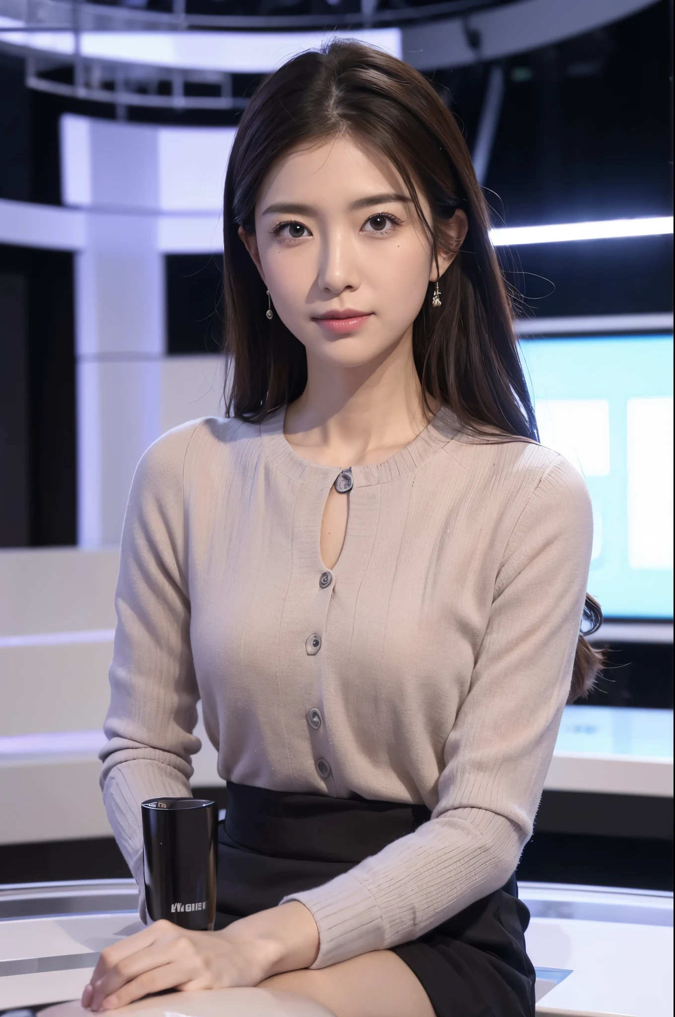 masterpiece, best quality, extremely detailed, hyperrealistic, photorealistic, a pretty announcer, a detailed studio, during the news program, sitting, ultra detailed face