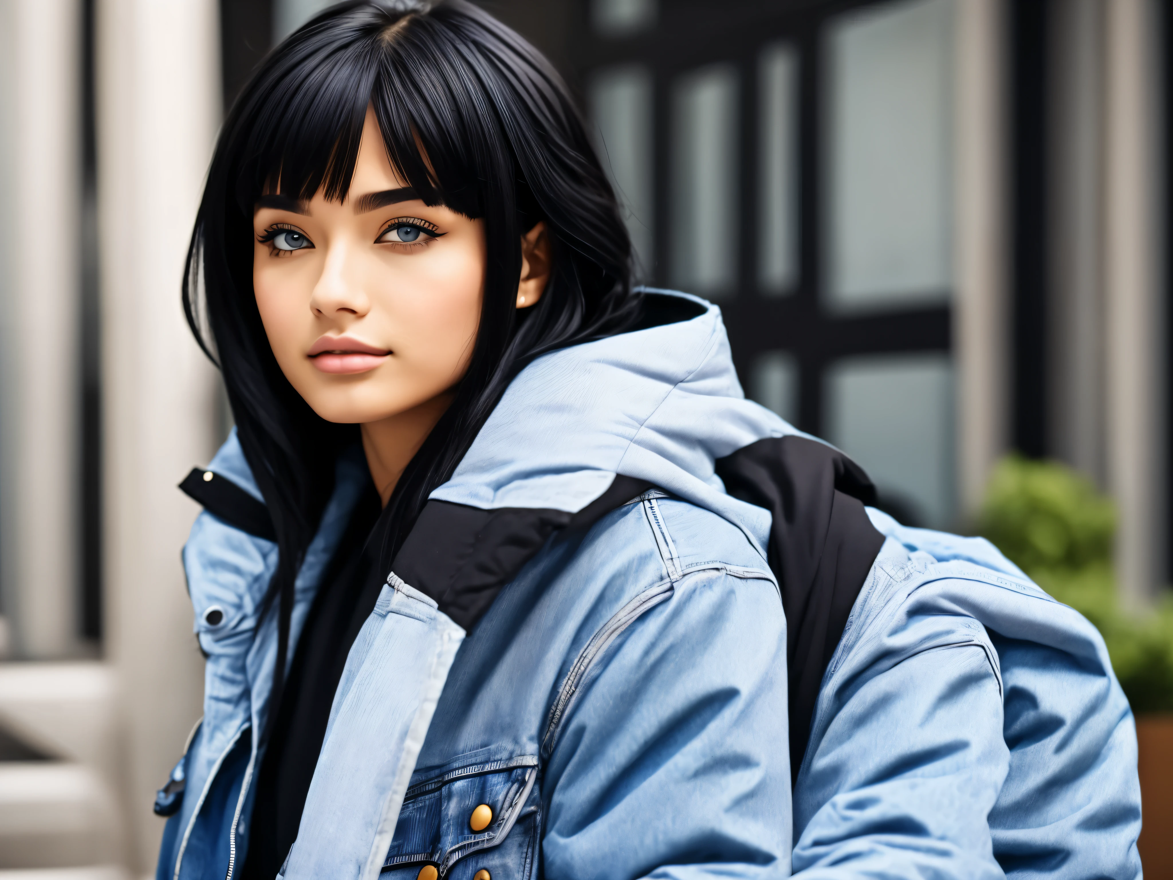 Black hair,Heteropupil,Blue-brown eyes,wearing jacket