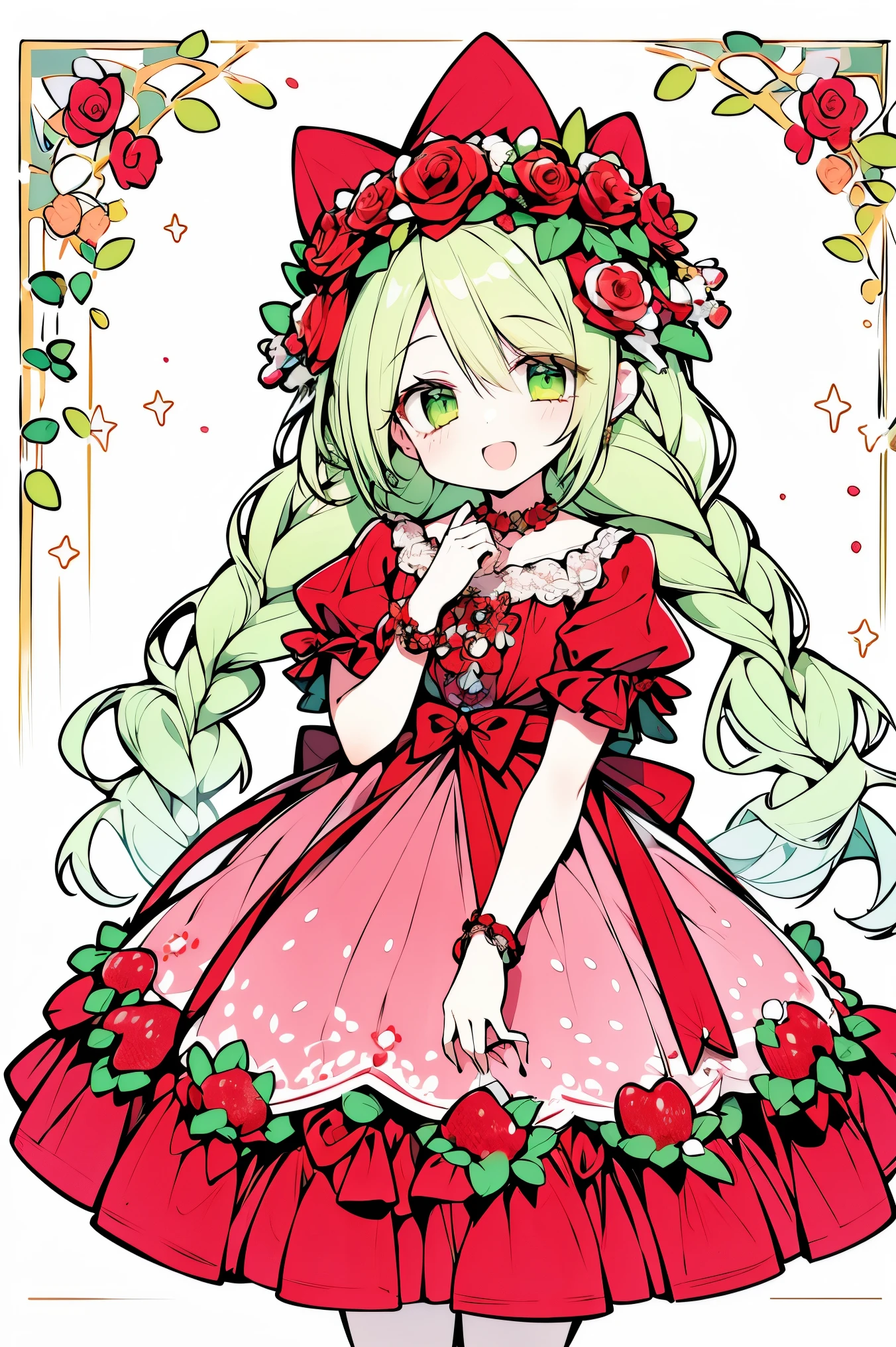 1girl, wearing a (rose print) dress, in a ((strawberry field)), happy and smiling, mythical world with giant fruit 🍓, foamy teal light muted color palette🎨, hands in hips, energetic, fashion dress, fruits, long hair in braids, foam green hair