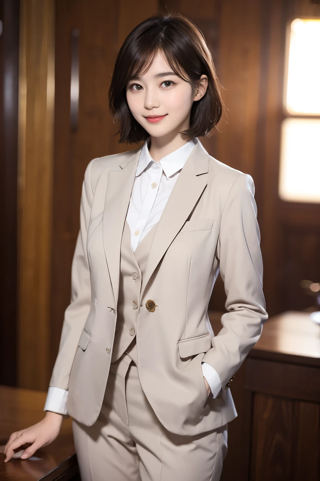 168
Shorthair, a 20 yo woman, gentle smile, working suit
