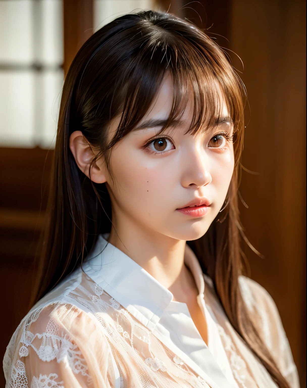 highest quality, face focus, soft light, ultra high resolution, (realistic:1.4), RAW photo,
1 japanese girl, alone, cute, (pupil, light in the eyes),  detailed beautiful face, (),(High resolution details of human skin texture),
(long hair),
indoor,
damask shirt dress,
(portrait)