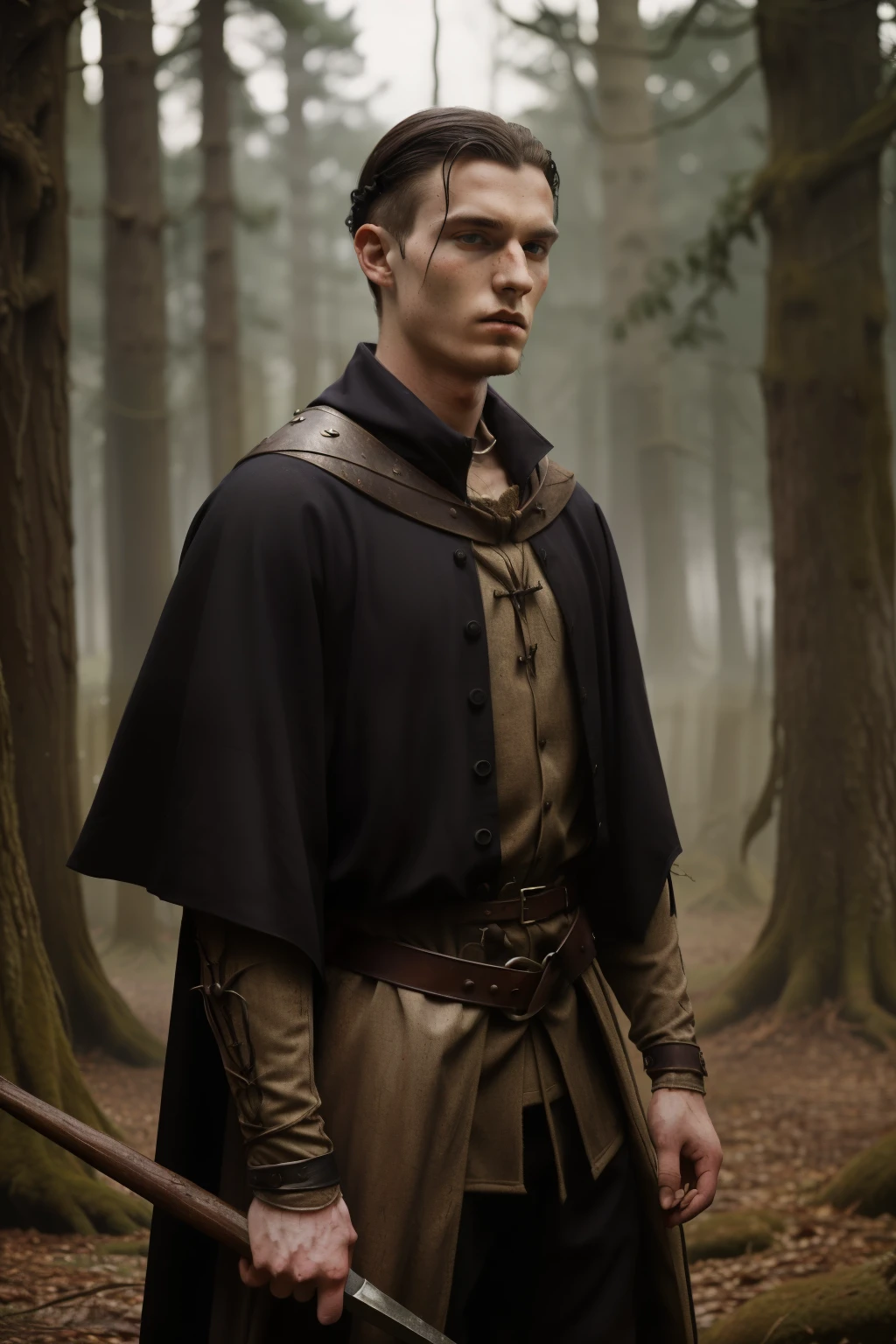 England, 1327. A young ((((22-year-old)) Ralph Fitzgerald)), intense eyes, ambitious, tall, athletic, in the forest, hunting, ((((evil expression)))). ((((clothings from the 1300s)))), ((dark hairstyle of the 1300s))