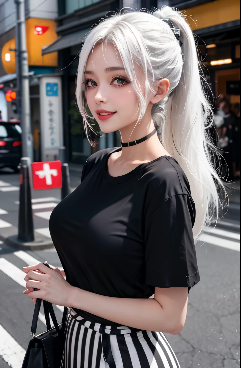 woman, black oversized t-shirt with white striped sleeves, large breasts, heavy makeup, ponytail, detailed Tokyo street , smile, white hair, blush, eyeliner, white lips