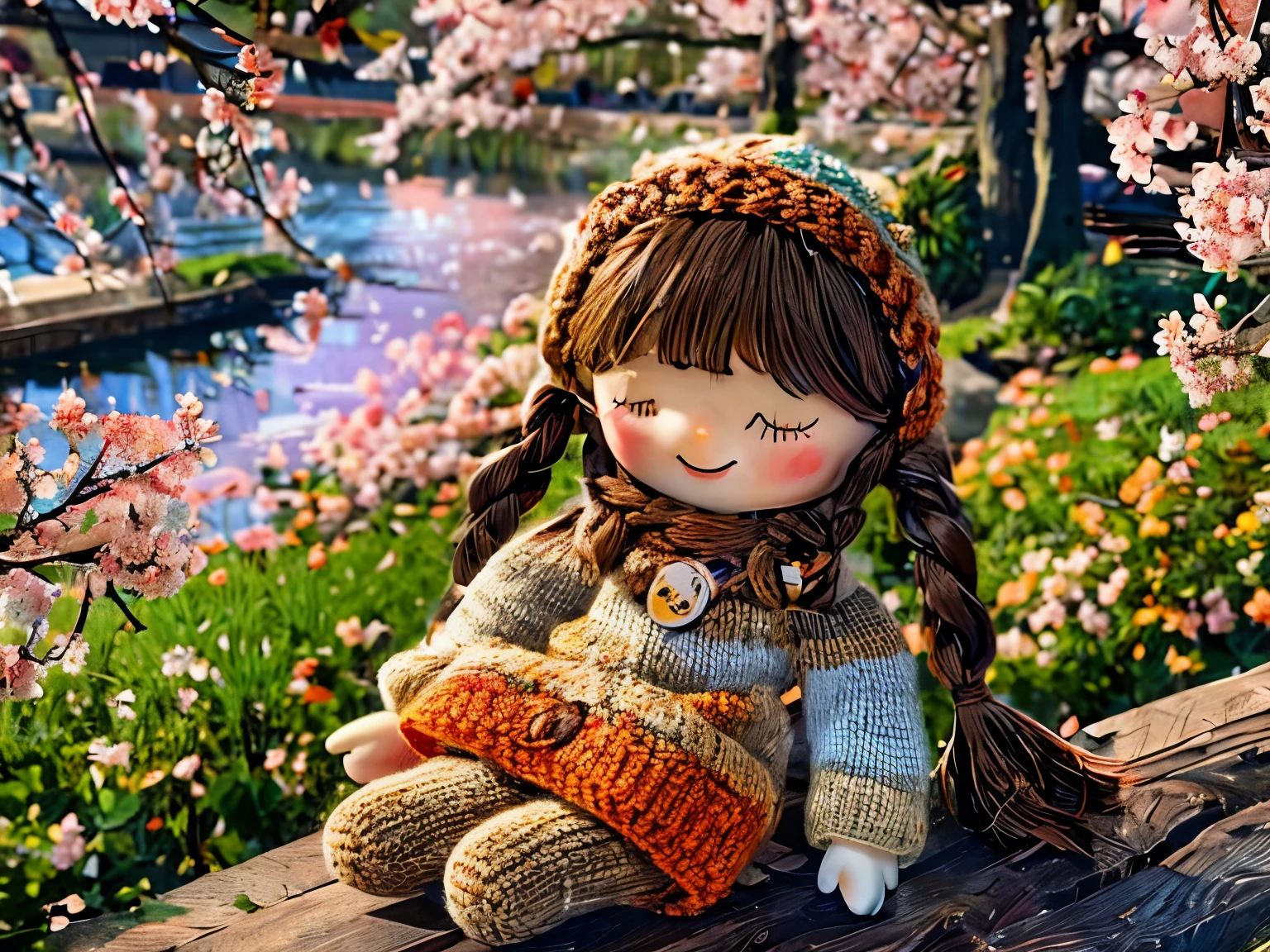 (masterpiece, best quality:1.2),knitted doll，smiley face，riverside，under the cherry blossom tree，Cherry blossoms all over the ground，Sakura petals flying background，Sakura petals are floating in the air，depth of field，backlight，Light particles flutter，Light effect，8k