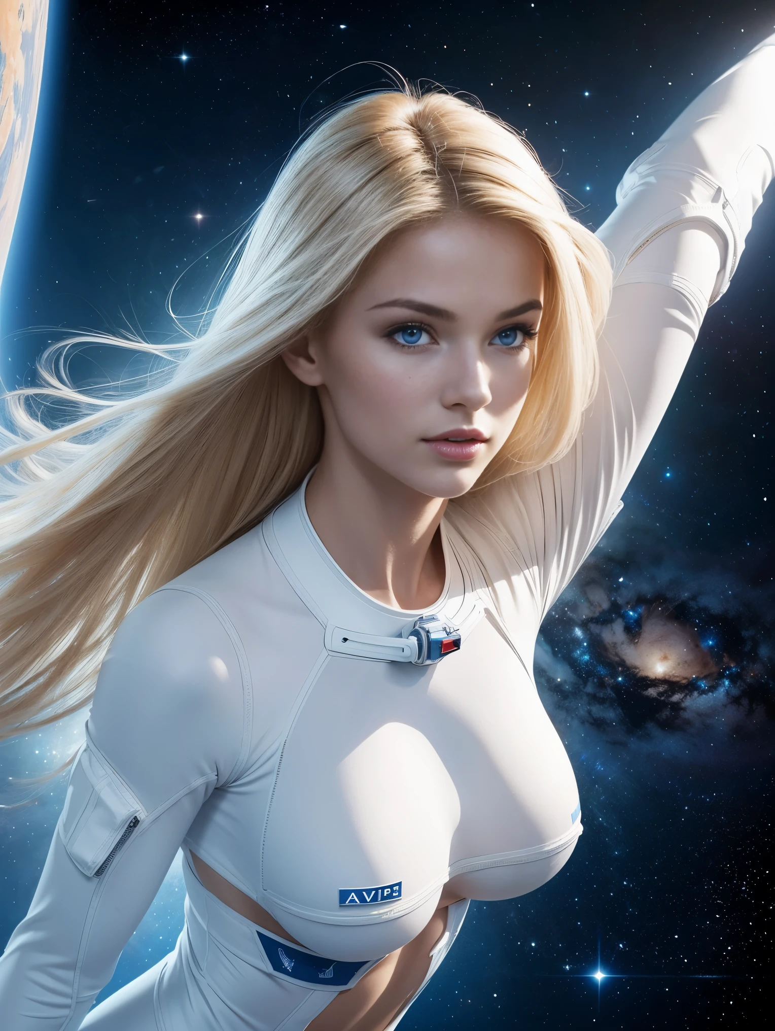 An ultra hot gorgeous European woman. Age23. Blonde straight hair. astronaut clothes white and blue provocative | floating in the space. space background. Perfect anatomy, perfect hair, perfect breast, perfect body, perfect hands, perfect face, perfect eyes, accurate, anatomically correct, perfect clear and crisp focus, UHD, masterpiece, ((blurry background)) 