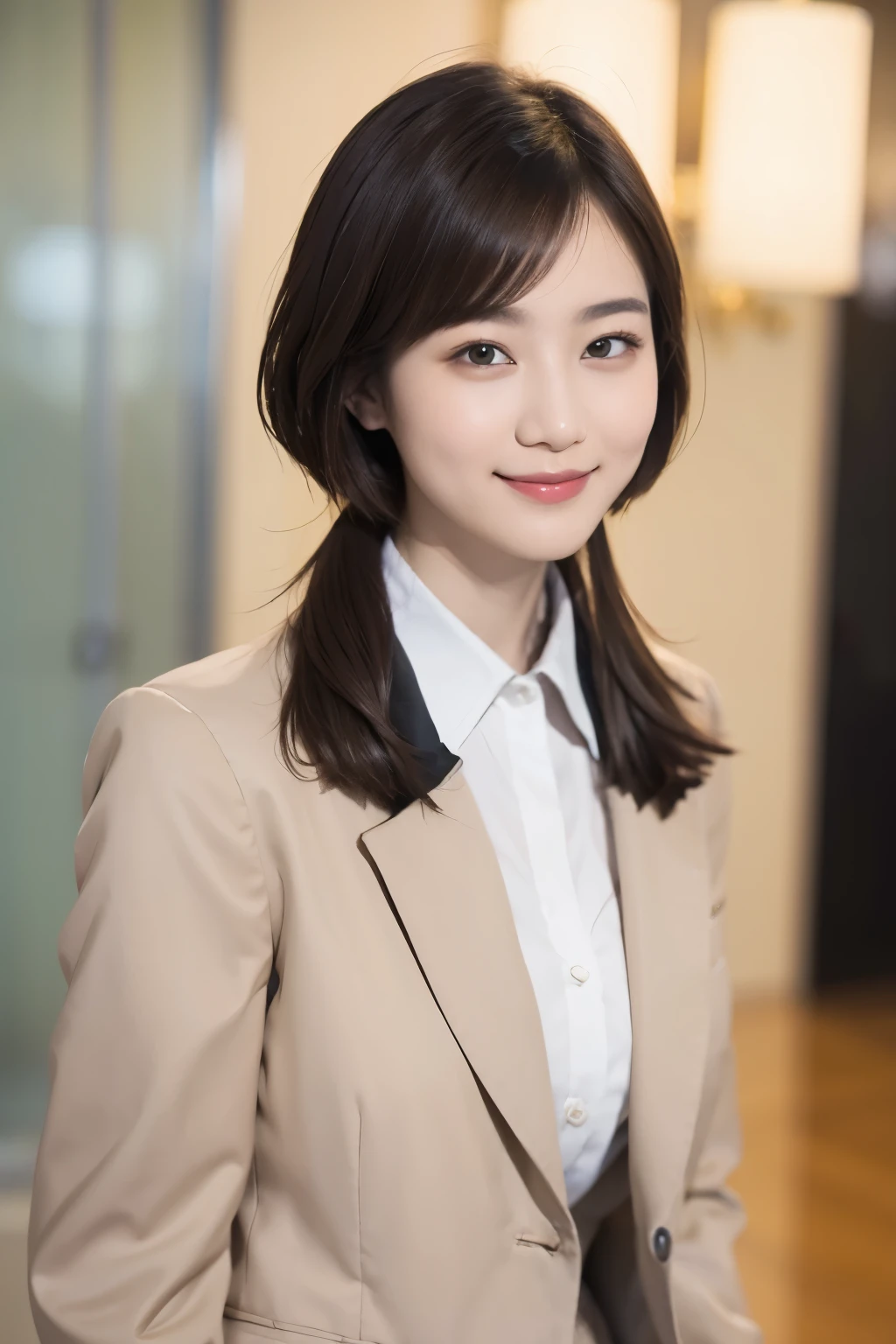 168
Shorthair, a 20 yo woman, gentle smile, working suit
