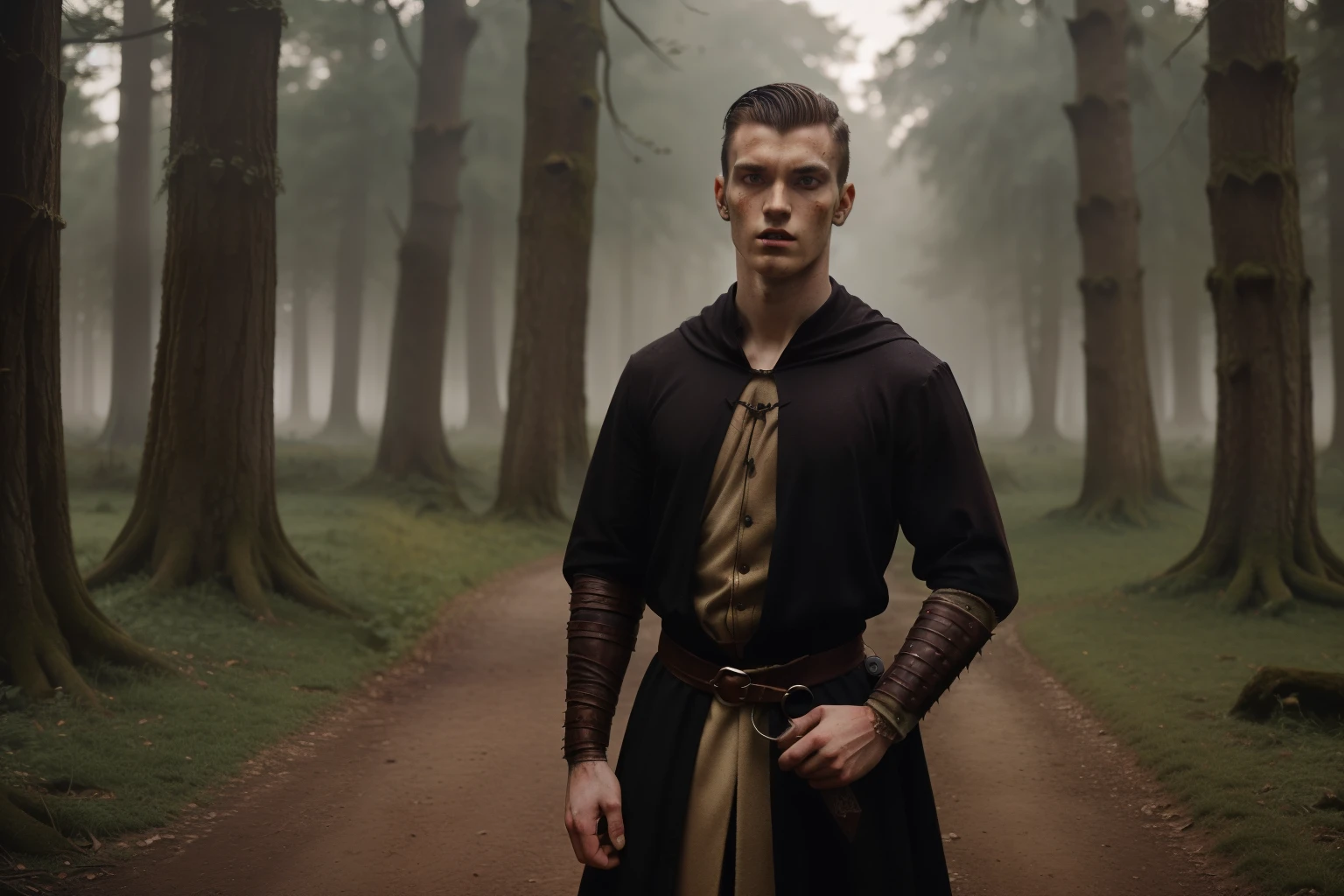 England, 1327. A young ((((22-year-old)) Ralph Fitzgerald)), intense eyes, ambitious, tall, athletic, in the forest, hunting, ((((evil expression)))). ((((clothings from the 1300s)))), ((dark hairstyle of the 1300s))