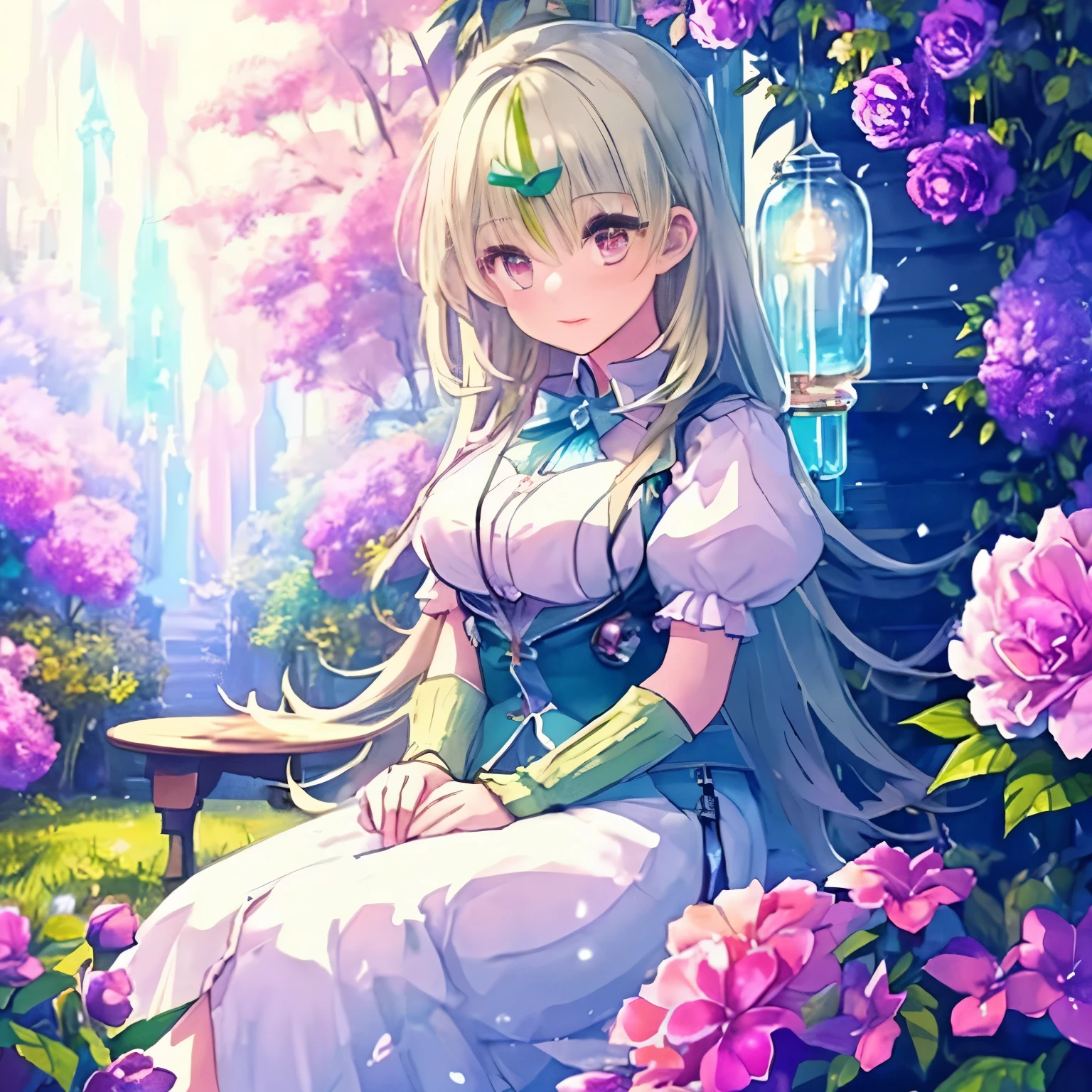 (high quality, 8k), (soft light), Rainbow-colored, one girl, detailed face, fine eyes, watercolor paiting,  so magical and dreamy, dreamy and detailed, dreamy atmosphereとドラマ, gorgeous atmosphere, fantastic beautiful lighting, dreamy atmosphere, beautiful atmosphere, dreamy romantic, fantastic dreamy theme, magical atmosphere, beautiful atmosphere, anime background art, magical atmosphere + table top, dreamy aesthetics, Beautiful details with atmosphere, lots of flowers, bubble, water, flower garden, sitting on the ground, shining eyes