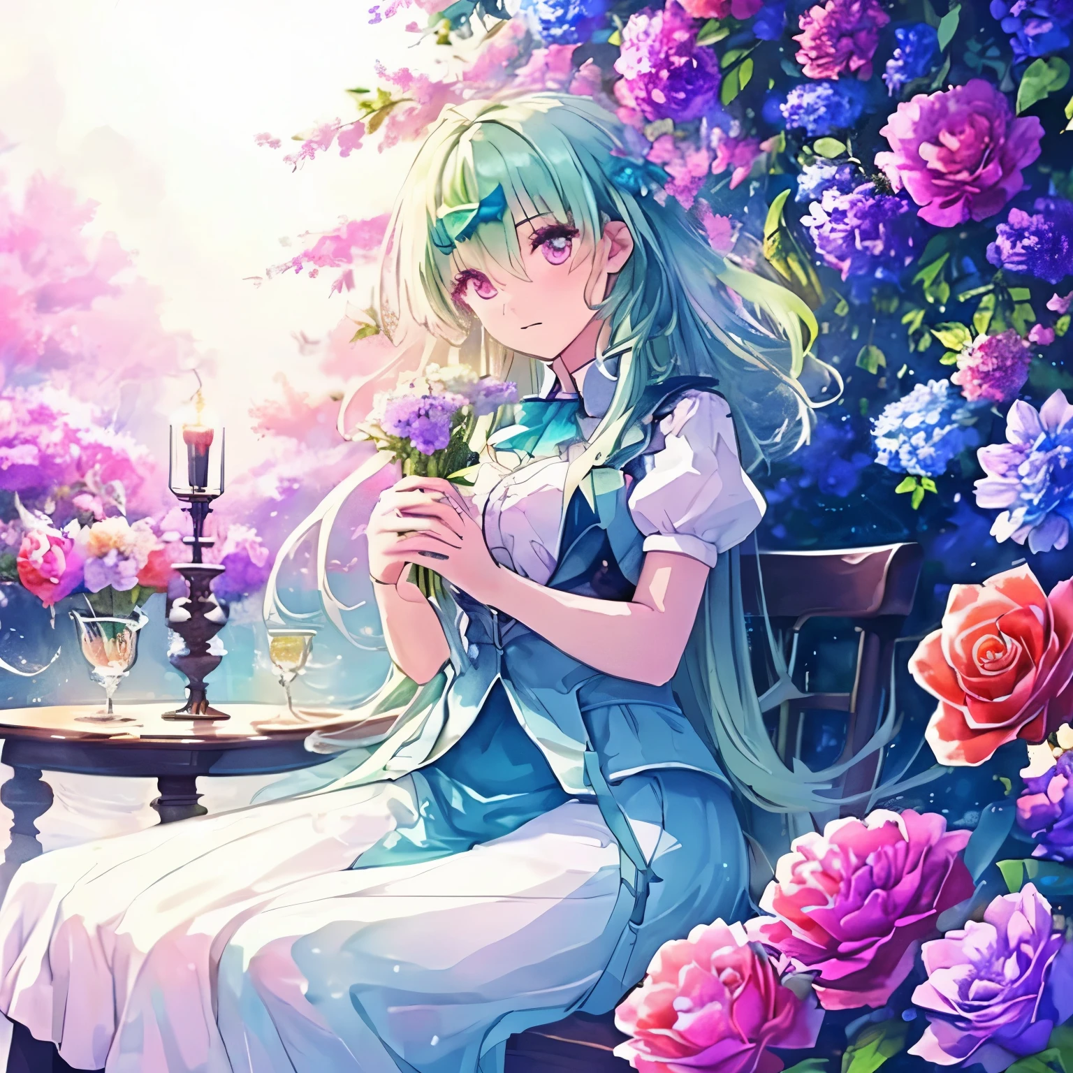 (high quality, 8k), (soft light), Rainbow-colored, one girl, detailed face, fine eyes, watercolor paiting,  so magical and dreamy, dreamy and detailed, dreamy atmosphereとドラマ, gorgeous atmosphere, fantastic beautiful lighting, dreamy atmosphere, beautiful atmosphere, dreamy romantic, fantastic dreamy theme, magical atmosphere, beautiful atmosphere, anime background art, magical atmosphere + table top, dreamy aesthetics, Beautiful details with atmosphere, lots of flowers, bubble, water, flower garden, sitting on the ground, shining eyes