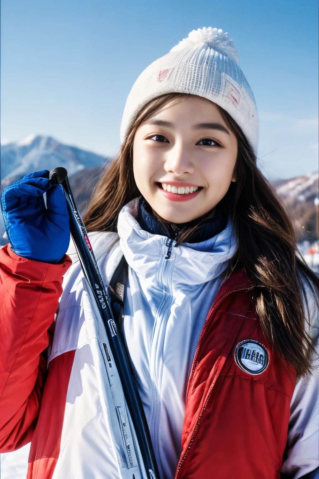 masterpiece、4k、highest quality、beautiful korean woman、Detailed description、1 girl、23 years old、(ski wear)、(to ski:1.1)、(movie, Ilford HP5, 80mm)、 Depth of the bounds written、cowboy shot、smile