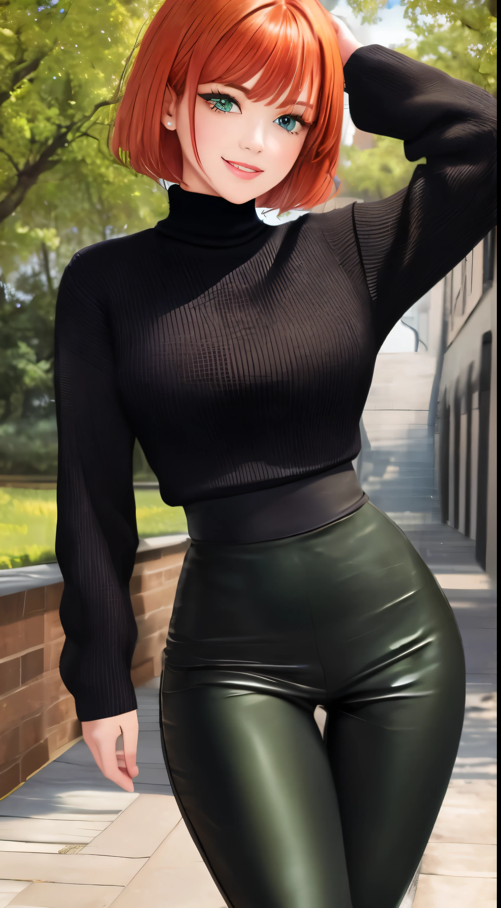 Masterpiece, Best quality, ultra detailed, Beautiful lighting, Woman, black leggings, Orange hair, (Green eyes:1.3), (Black sweater:1.2), turtleneck, get up, in the park, beautiful landscape, shows off her juicy ass, light blush, smiling, (nice smile:1,1), (glossy lips:1.1), (Beautiful eyes:1.1), wonderful backround, closed mouth, weapon_behind_back, short hair HD HQ UHD
