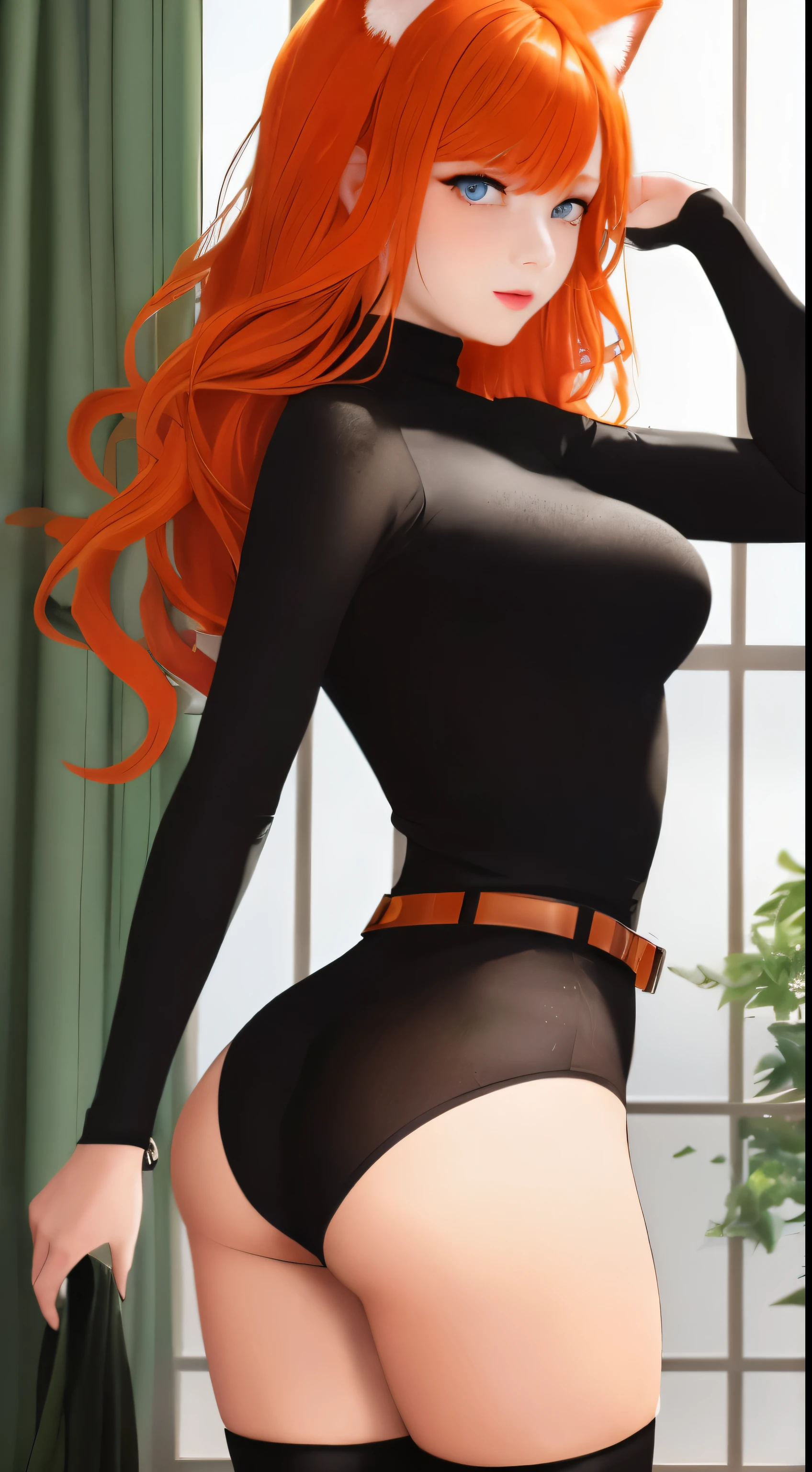 mother, Masterpiece, Best quality, ultra detailed, Beautiful lighting, 1 girl, Orange hair, cat ear, Green eyes, freckles, turtleneck top, I'm looking at the viewer, detailed black stockings with belt, juicy ass