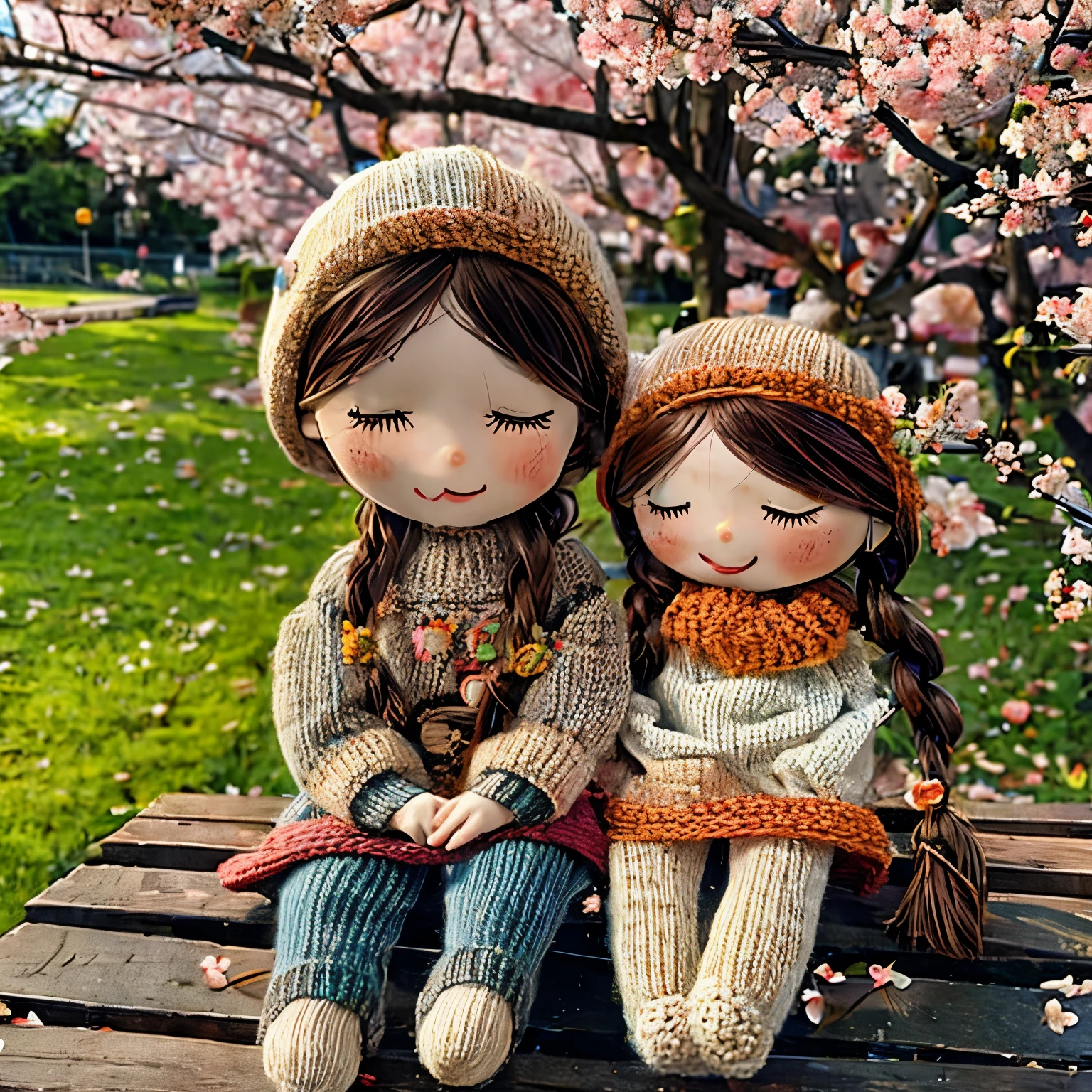 (masterpiece, best quality:1.2),knitted doll，smiley face，riverside，under the cherry blossom tree，Cherry blossoms all over the ground，Sakura petals flying background，Sakura petals are floating in the air，depth of field，backlight，Light particles flutter，Light effect，8k