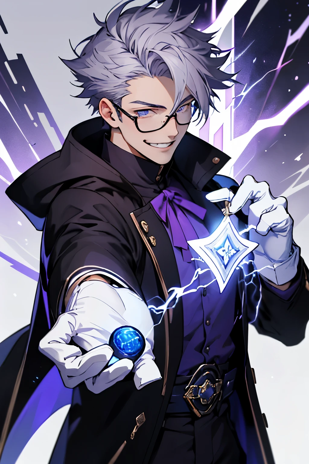 Beautiful young man with gray hair and glasses。eyes are red。Black coat with classic design decorations、white gloves。Grinning, he holds out his right hand and manipulates purple lightning magic.。The background is a purple magic square。