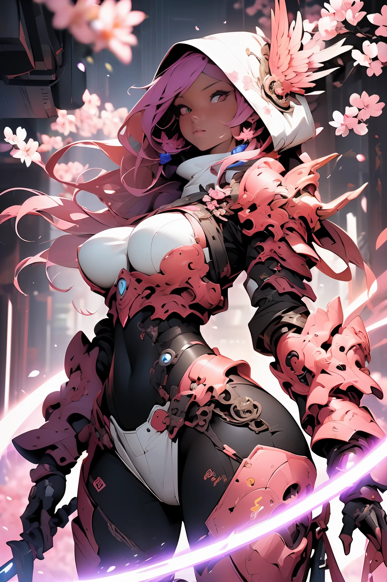 (masterpiece, top quality, best quality, official art, beautiful, cosmic, atmospheric, psychedelic, dreamlike, swirling psychedelic cosmic graffiti patterns,,aesthetic:1.2), (1girl, neon pink hair, mecha, beautiful, sexy, beautuful highly detailed hooded mecha battle armor, mecha angel wings, tons of tattoos and piercings, super huge enormously gigantic tits, cleavage showing), extreme detailed,(fractal art:1.3),colorful,highest detailed, cherry blossoms blowing in the wind