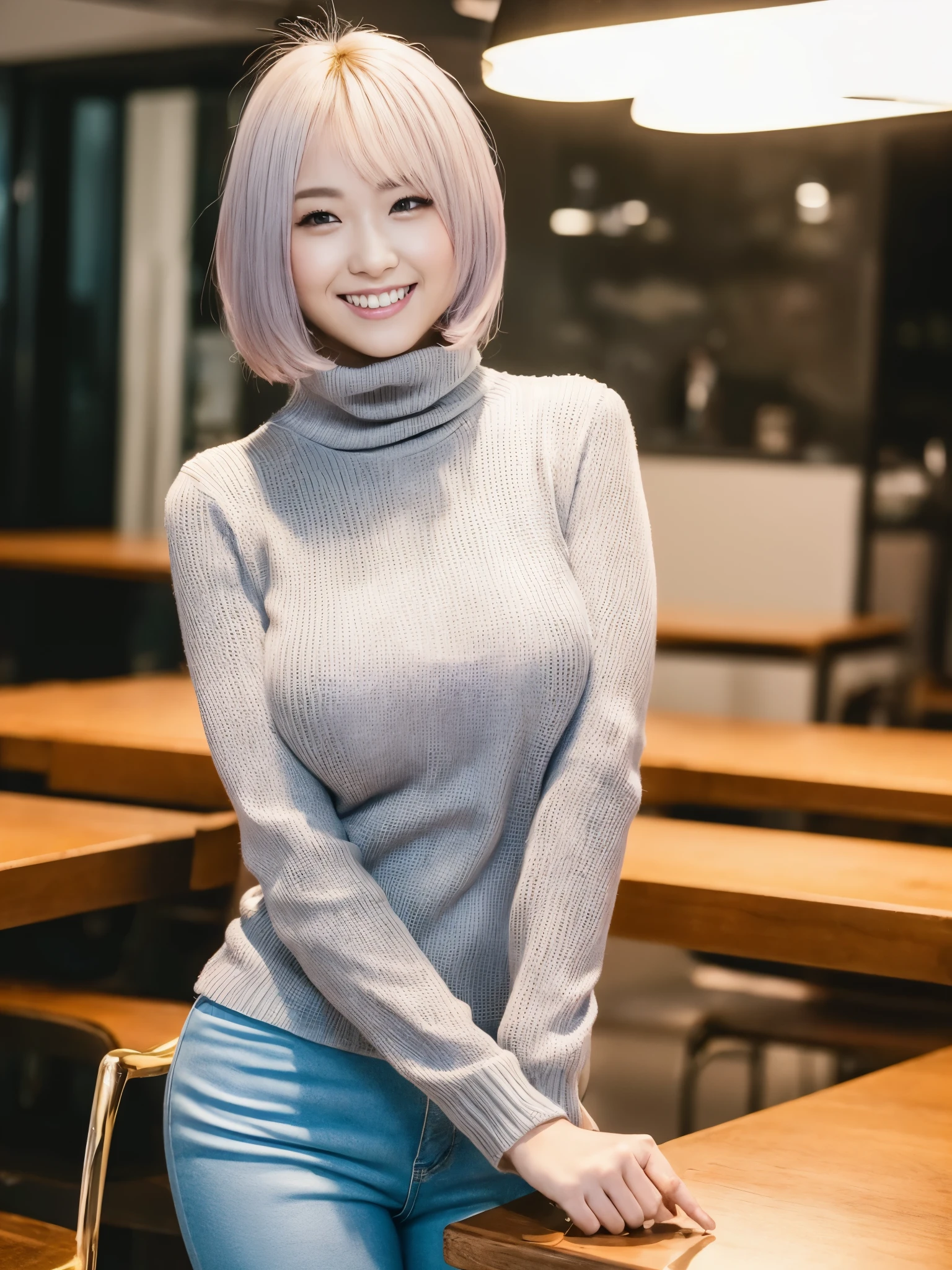 (original character、Unity 16K 壁紙, table top, highest quality, Super detailed, Detailed CG, caustics, cinematic lighting, become familiar with, beautiful and detailed eyes, alone), ultra high resolution, fine skin, (heavy makeup:1.2,eyeliner,eye shadow:1.1,tanned skin,mascara,Kirby,huge breasts), (strong light)、oily skin,smile,Pink-gray hair , casual , from the front:1.2、(japanese gal、sexy woman、hot pants,turtleneck sweater,knee high boots,white skinny leggings),cleavage