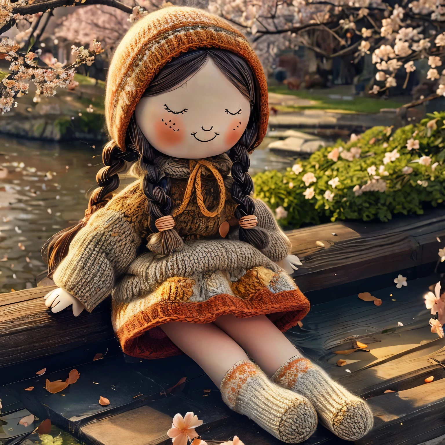 (masterpiece, best quality:1.2),knitted doll，smiley face，riverside，under the cherry blossom tree，Cherry blossoms all over the ground，Sakura petals flying background，Sakura petals are floating in the air，depth of field，backlight，Light particles flutter，Light effect，8k