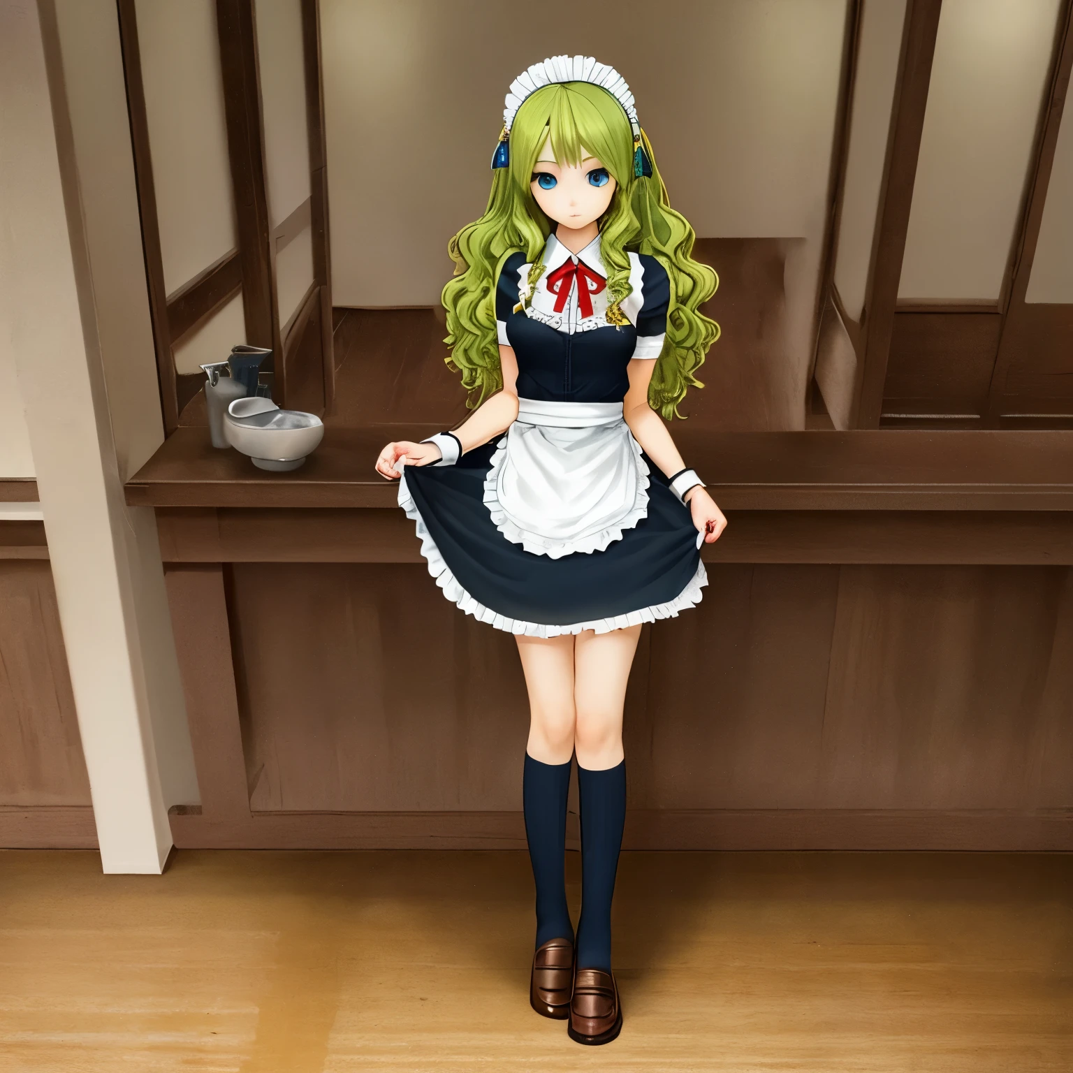 (masterpiece:1.2), highest quality, High resolution, 1 girl, yellow green hair, long hair, blue eyes, medium breasts, indoor, maid headdress, maid, maid apron, wrist cuffs, , wavy hair, solo, (full body:1.04), very detailed, short stature, very young, very cute, looking at viewers, japanese girl