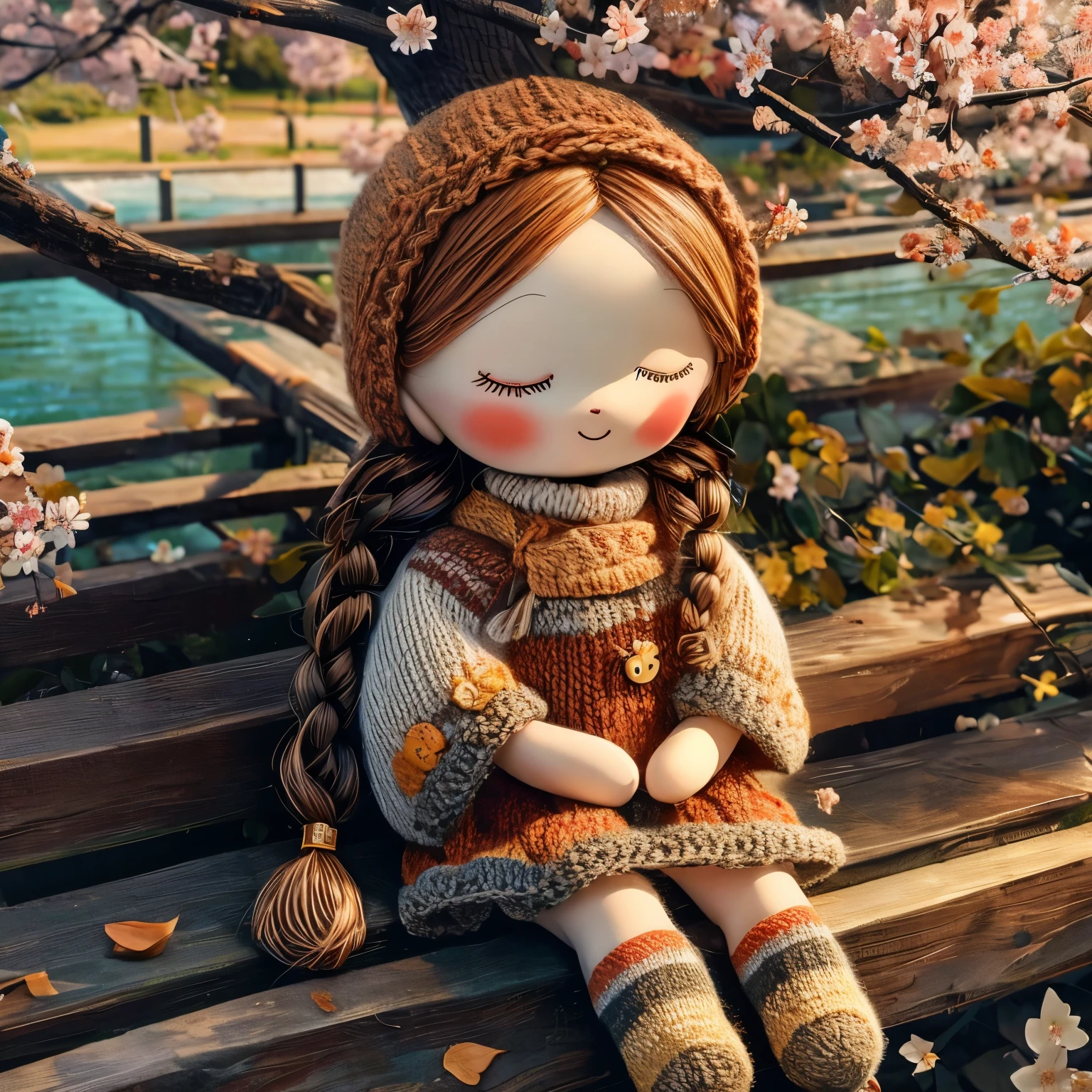 (masterpiece, best quality:1.2),knitted doll，smiley face，riverside，under the cherry blossom tree，Cherry blossoms all over the ground，Sakura petals flying background，Sakura petals are floating in the air，depth of field，backlight，Light particles flutter，Light effect，8k