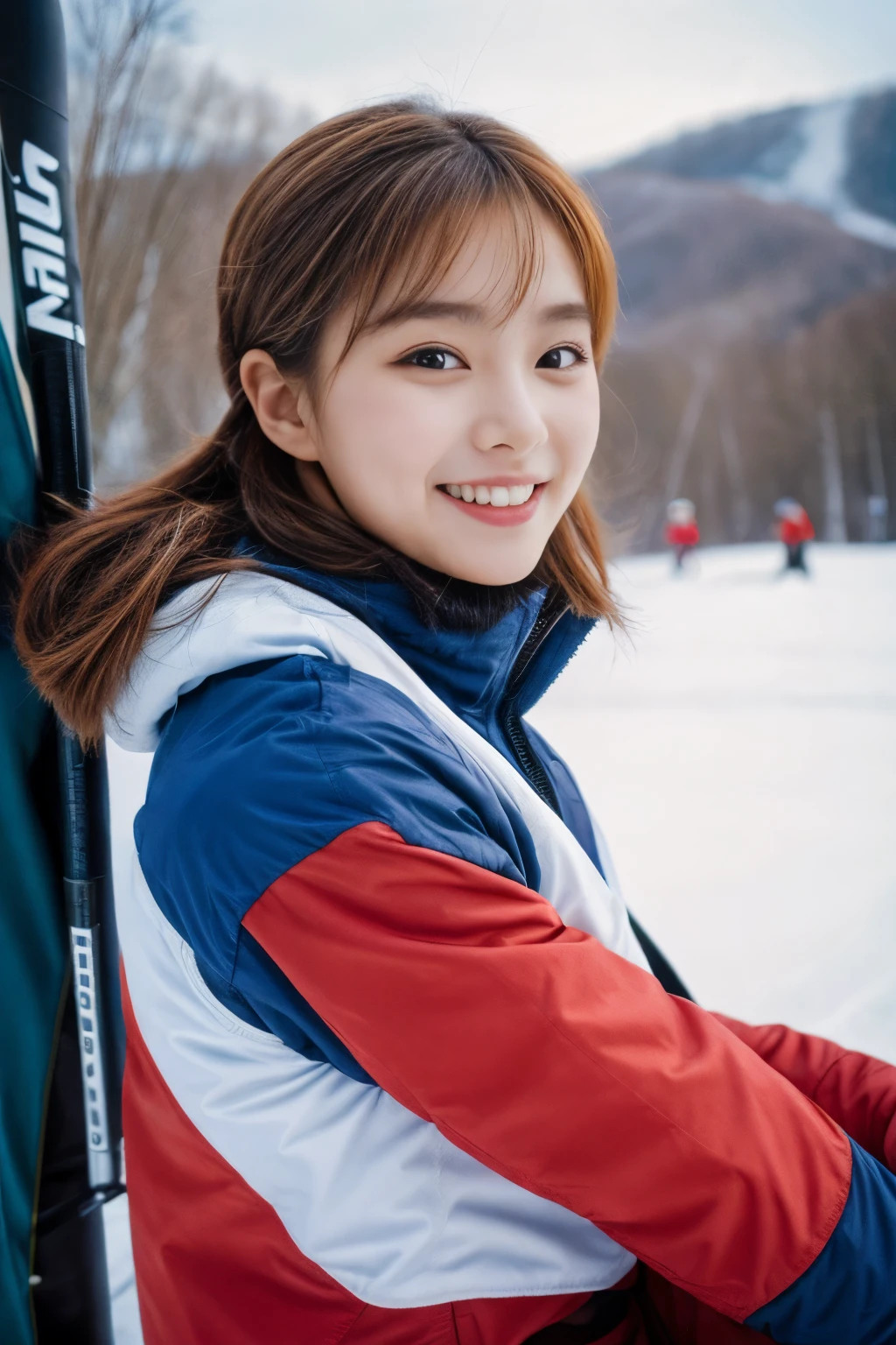 masterpiece、4k、highest quality、beautiful korean woman、Detailed description、1 girl、23 years old、(ski wear)、(to ski:1.1)、(movie, Ilford HP5, 80mm)、 Depth of the bounds written、cowboy shot、smile