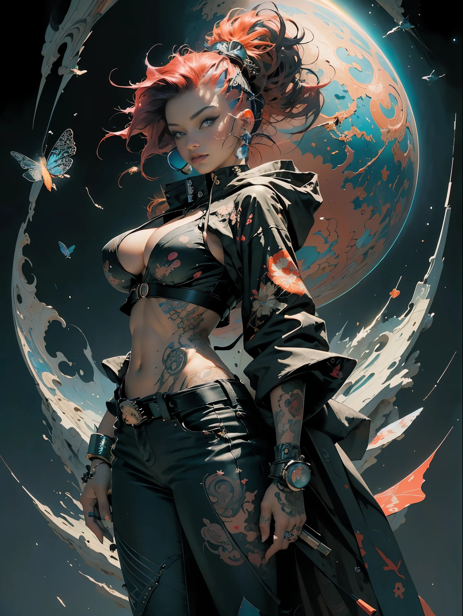 (masterpiece, top quality, best quality, official art, beautiful, cosmic, atmospheric, psychedelic, dreamlike, swirling psychedelic cosmic graffiti patterns and aesthetic:1.2), (1girl, neon red mohawk hair, beautuful highly detailed Harajuku-inspired hooded punk rock hip hop clothing torn skinny jeans, tons of tattoos and piercings, super huge enormously gigantic tits, cleavage showing), extreme detailed,(fractal art:1.3),colorful,highest detailed, cherry blossoms and butterflies blowing in the wind