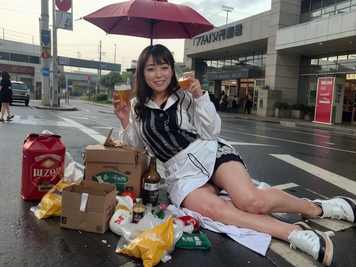 Highest image quality、highest quality、highest resolution、masterpiece、portrait、accurate perspective、balance of size、（There are four beautiful women who are 45 years old.:1.5）、(light brown long curly hair)、(full body shot:1.5)、looking at the camera、shot at low angle、(I&#39;m drunk from drinking too much alcohol:1.5)、(sleepy face:1.5)、cheeks are red、smile、(lean body:1.5)、legs wide open、patterned blouse and miniskirt、((roll up the blouse))、lace bra and panties、garter belt and stockings、high heels、、(Cardboard is laid out on the road in front of a luxury department store.:1.5)、(empty beer cans、Empty whiskey bottle、lunch box container、sweets bag、Plastic bags are scattered around her:1.5)