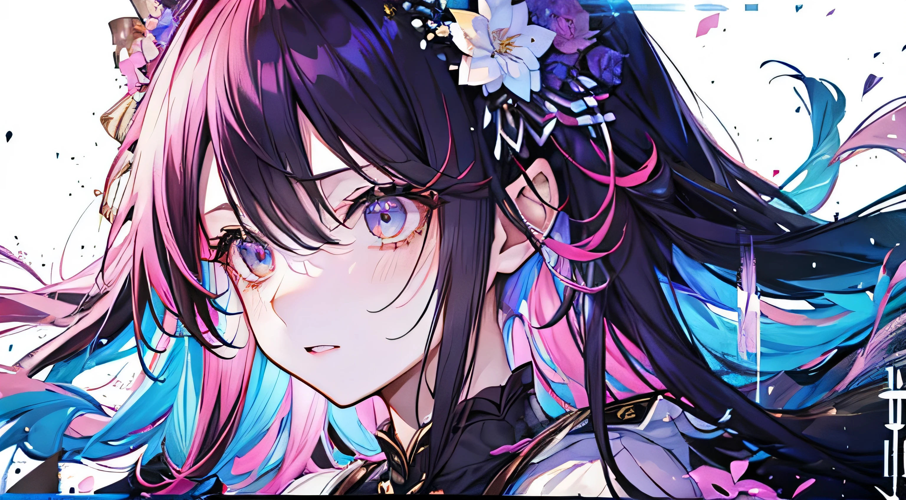 (masterpiece), (highest quality), (Super detailed), (messy hair), (shape), (girl1名), (fashionable clothes), Are standing, Fashion Model, Please think back, (interview), (simple background), fine and beautiful eyes, 繊細なbeautiful face, floating, (high color saturation), (colorful splash), colorful bubbles, (shining), focus on the face, when he plows, crimson hair, bangs, hair ring, floating flowers, floating hair. girl, anime wife, looking far away, very detailed, reflective transparent iridescent, Transparent rainbow RGB long hair, Art Station Art Be Seraful, thick acrylic, pixiv illustration, waist up portrait, gorgeous sacred girl, highest quality, Super detailed, sad, smart, beautiful face, beautiful lighton black background, Character styles rendered by Octane, simple background