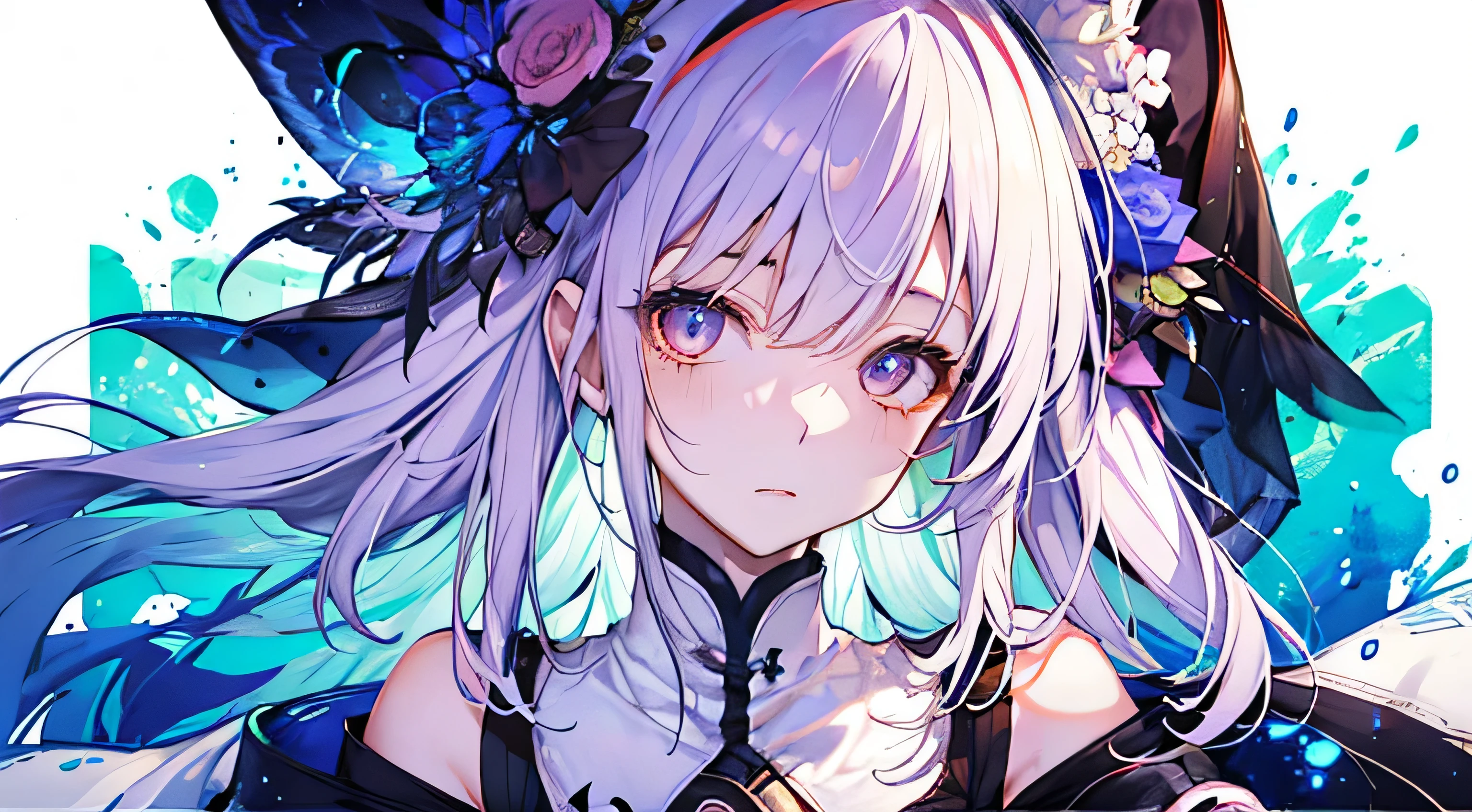 (masterpiece), (highest quality), (Super detailed), (messy hair), (shape), (girl1名), (fashionable clothes), Are standing, Fashion Model, Please think back, (interview), (simple background), fine and beautiful eyes, 繊細なbeautiful face, floating, (high color saturation), (colorful splash), colorful bubbles, (shining), focus on the face, when he plows, crimson hair, bangs, hair ring, floating flowers, floating hair. girl, anime wife, looking far away, very detailed, reflective transparent iridescent, Transparent rainbow RGB long hair, Art Station Art Be Seraful, thick acrylic, pixiv illustration, waist up portrait, gorgeous sacred girl, highest quality, Super detailed, sad, smart, beautiful face, beautiful lighton black background, Character styles rendered by Octane, simple background