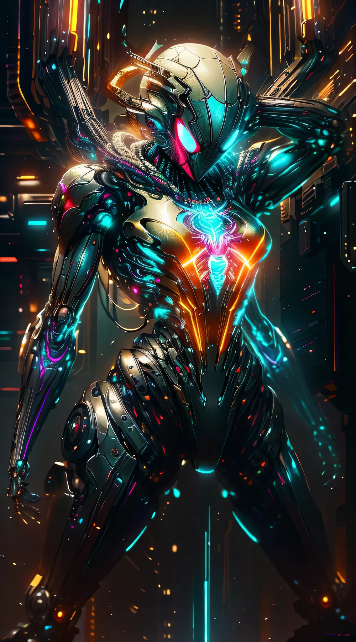 Spider Gwen from Marvel photography, biomechanics, complex robot, golden spider logo, full growth, hyper-realistic, crazy little details, incredibly clean lines, cyberpunk aesthetic, masterpiece featured on Zbrush Central, cyberpunk city backdrop