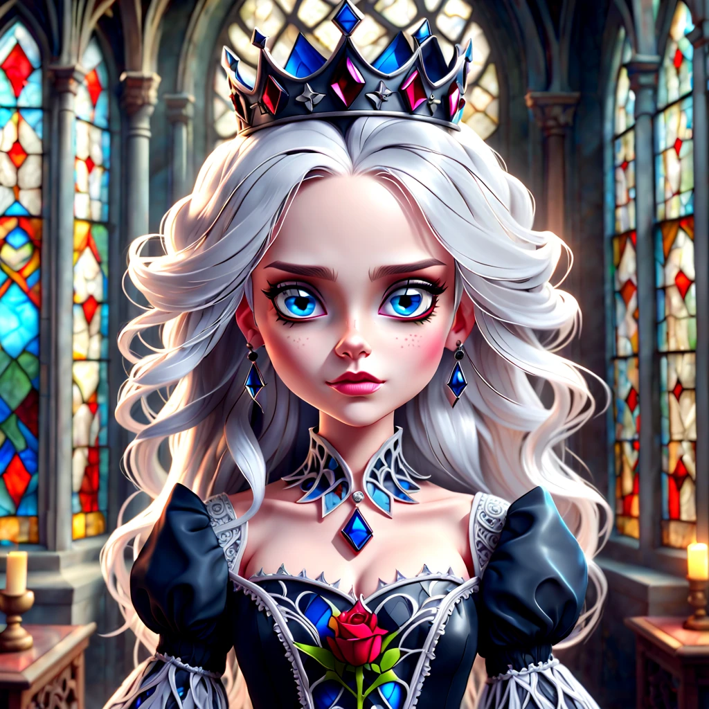 ((Kind)) vampire queen, blue eyes, (flowing) white hair, a single black rose in the hair, elegant noble dress, beautiful jeweled crown. | Gothic castle room, intricate stained glass behind, masterpiece in maximum 16K resolution, superb quality. | ((More_Detail))