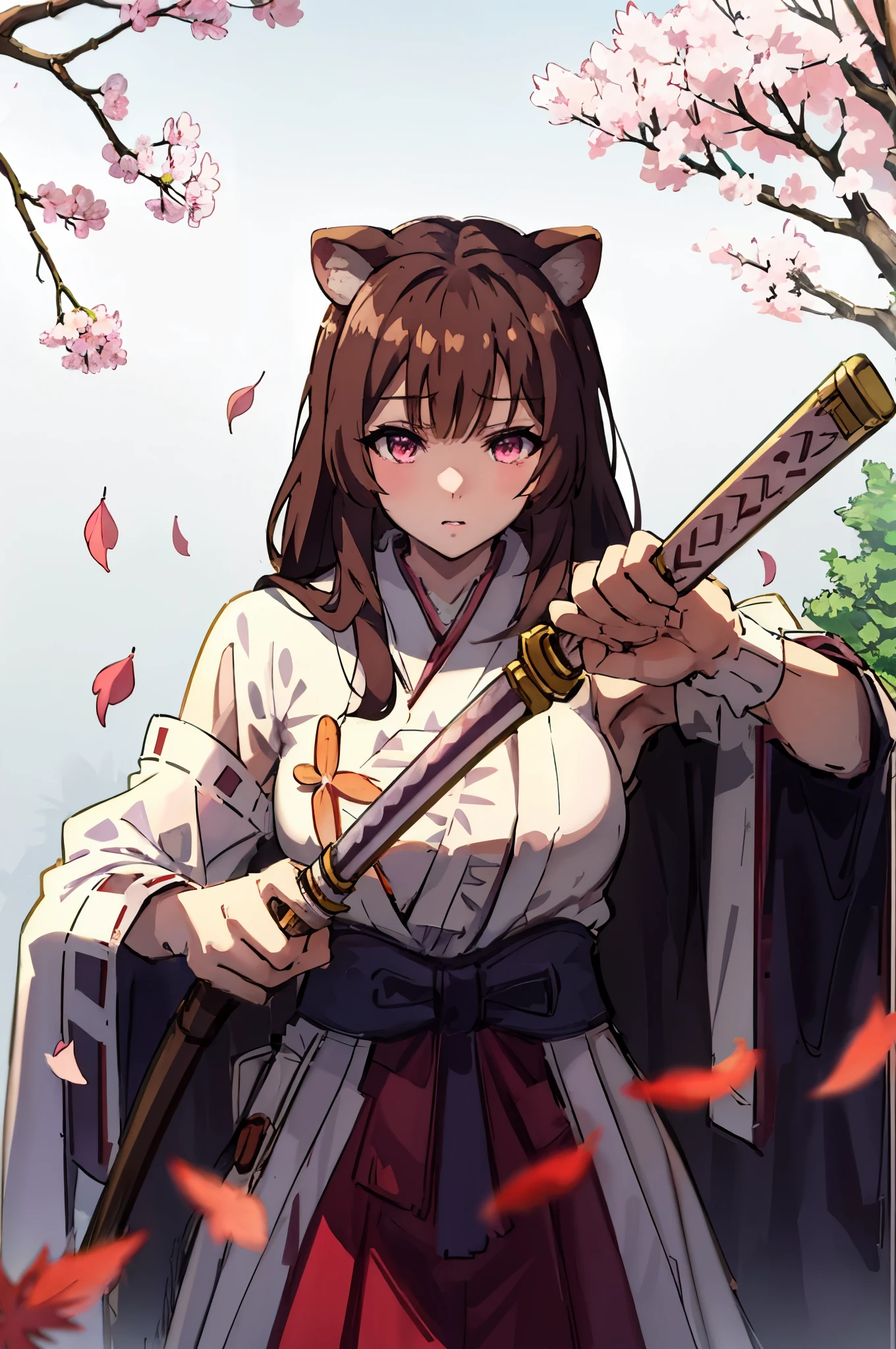 masterpiece, best quality, anime, raphtalia, raccoon girl, raccoon ears, pink eyes, long brown hair, bangs, miko outfit, drawing sword, kagurabachi, (((sakura tree, pink leaves, sakura on background))), (solo), upper body, white and red outfit, miko dressing, miko, red hakama, serious, outdoors