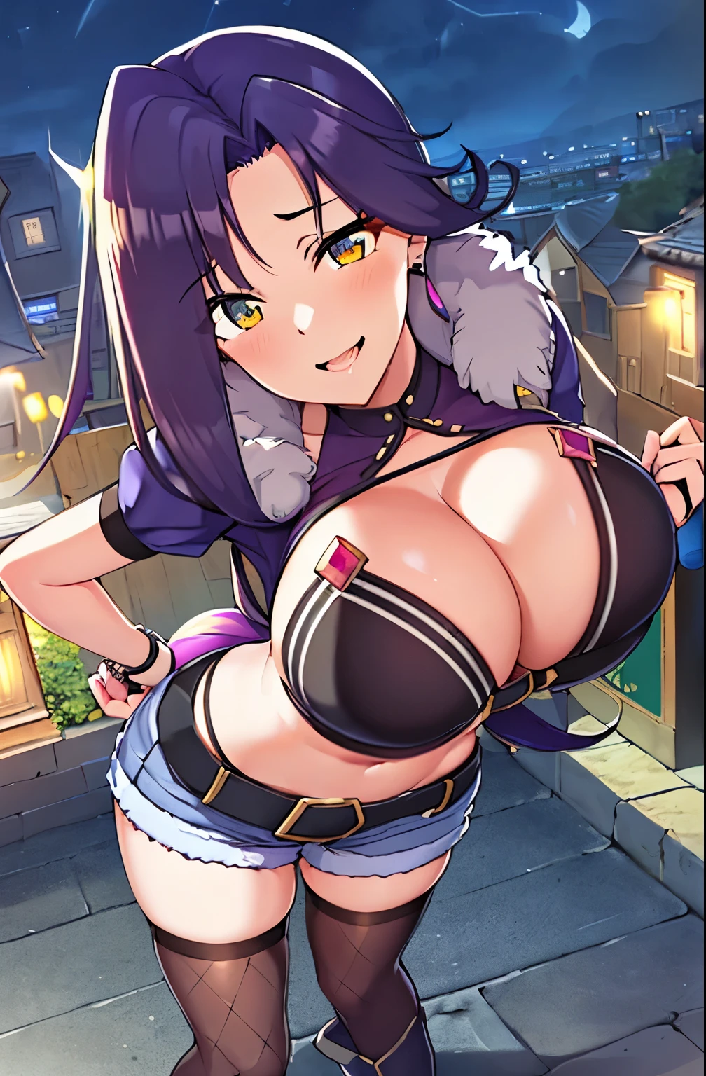 (night:1.7), Japan, Tokyo, City view, in front of the window,
standing at attention,
black top,stockings,boots,Thighhighs,belly button,belt,fur_trim,Fishnet tights_leg wear, Fishnet tightss,short_shorts,
jewelry,earrings,gloves,
purple hair,黄color_eye,length_hair, abdomen, belly button,
1 girl, 20 years,mature woman,beautiful Finger,beautiful length legs,beautiful body,beautiful Nose,beautiful character design, perfect eye, perfect face,
looking at the viewer, (big_eye:1.0),(orgasm:1.3),
NSFW,official art,Highly detailed CG Unity 8k wallpaper, perfect lighting,colorful, bright_front_face_lit,
(masterpiece:1.0),(Highest_quality:1.0), 超High resolution,4k,super detailed,
photograph, 8k, HDR, High resolution, disorganized:1.2, kodak portrait 400, film grain, blurred background, Bokeh:1.2, Lens flare, (lively_color:1.2)
(beautiful,big_chest:1.4), (beautiful_face:1.5),(narrow_waist:1.6),shiny,Shiny,sweat,オイリーなchest,(chestを強調:1.6),(from above:1.6),(breast close-up:1.4),Upper body,((bent over)),hands on knee,(chestを押し潰す)