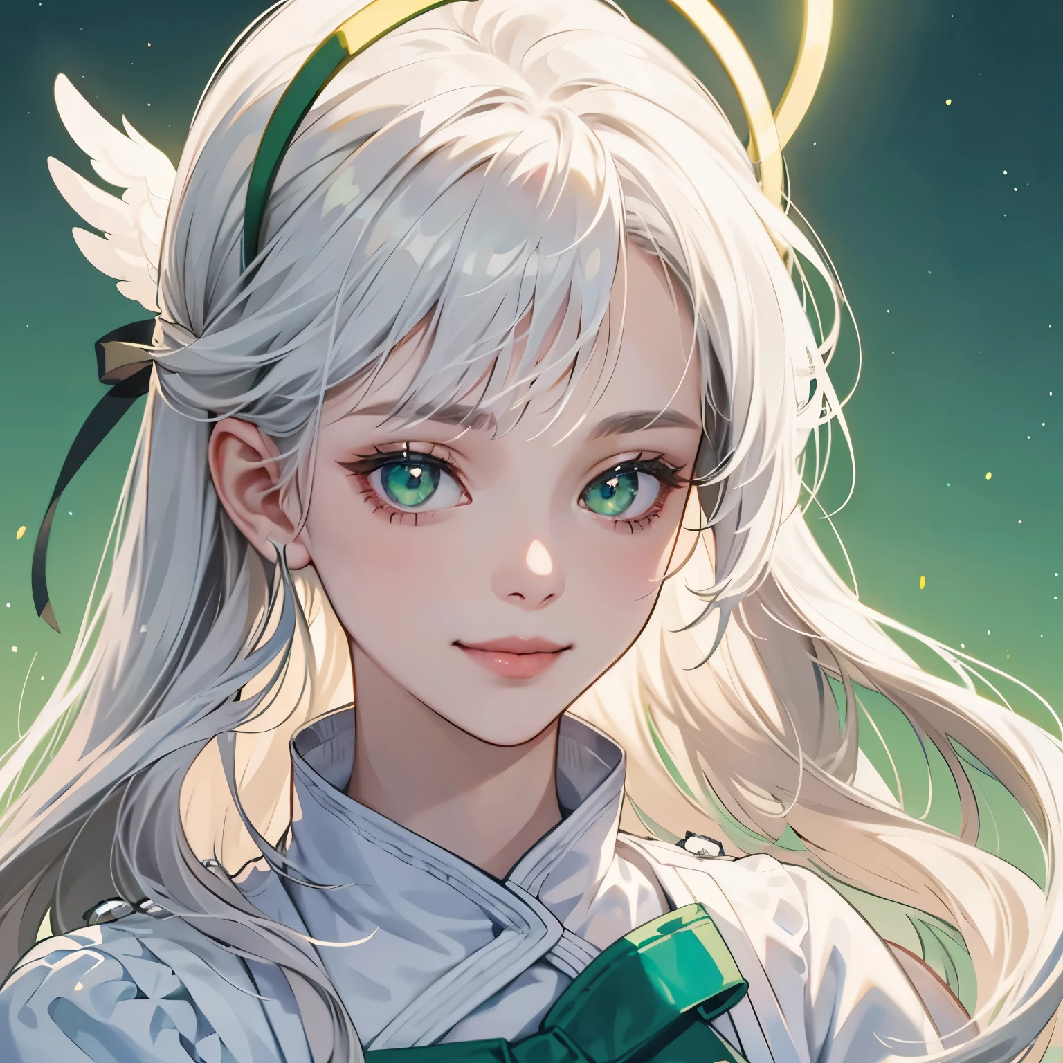 1 girl, close up, add halo, angel, gently smile, soft face, white hair, green bright eyes