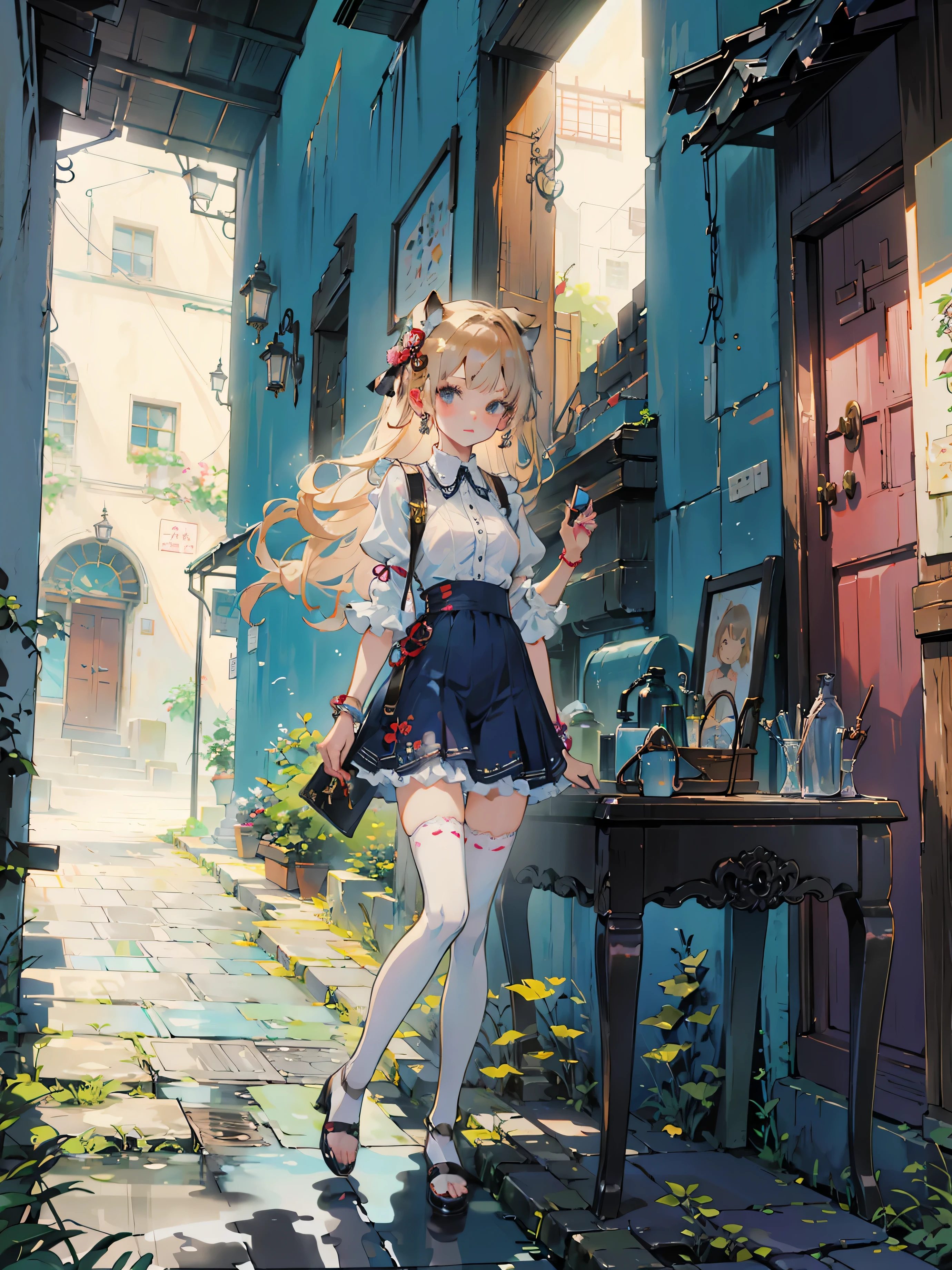 ((table top, highest quality: 1.2), ((Anime girl in blue dress with travel bag)), Anime cat girl wearing a maid costume,The season is spring , ((blonde))、long haired person、Very Beautiful Anime cat girl, アニメcat girl, ((white knee highs)), 魅力的なcat girl, Inspired by Leiko Ikemura, Aya Takano color style, in ryuuou no oshigoto art style, cat girl, Character you respect, rei hiroe、smile