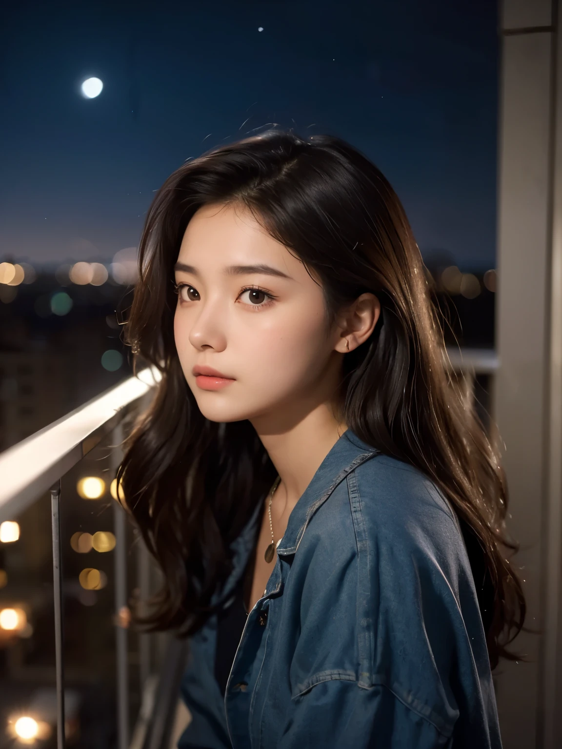 A beautiful woman. Dark brown hair. Twenty years old. She stares blankly at the night sky from the balcony of her apartment.