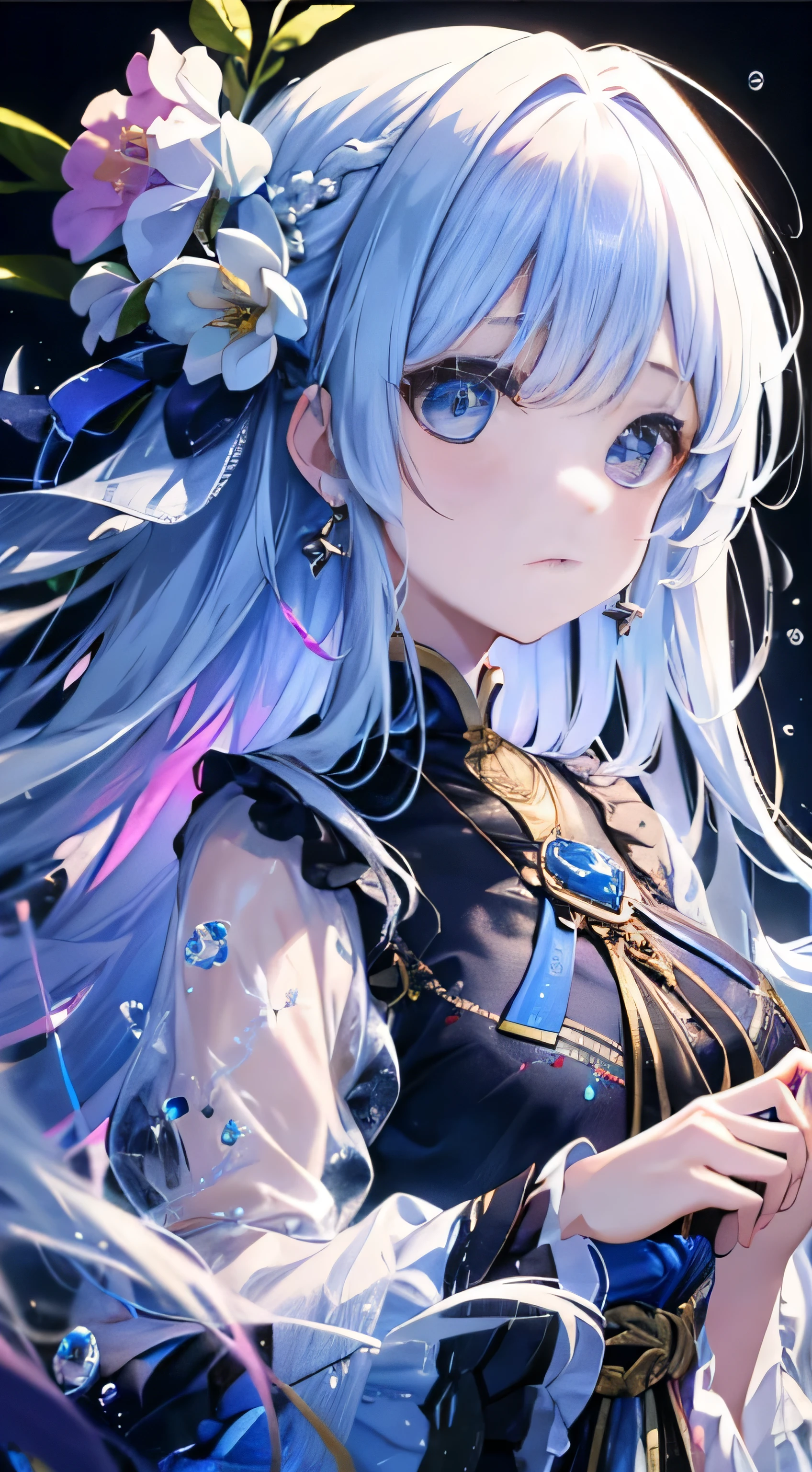 (masterpiece), (highest quality), (Super detailed),(messy hair),(shape), (1girl), (fashionable clothes), Are standing, Fashion Model, looking at the viewer, (interview), (simple background),fine and beautiful eyes, delicate beautiful face, floating,(high color saturation),(colorful splashes),colorful bubble,(shining), focus on the face,  kamisato ayaka, light blue hair, bangs, hair ring, floating flowers, floating hair.girl, Anime waifu, looking at the viewer, very detailed, reflection、transparent iridescent colors, Transparent rainbow RGB long hair, artby Serafleur from artstation, thick acrylic，shape on pixiv, waist up portrait, ゴージャスな神聖なgirl, highest quality, Super detailed,sad,smart,beautiful face , beautiful lighton black background, Character screen rendered by Octane,