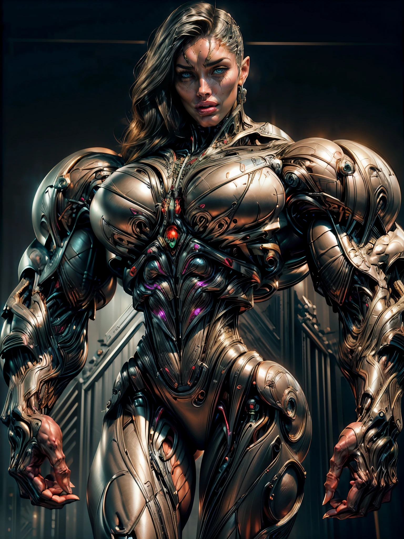 (1 girl), (megan fox:1.25), (muscular android girl wearing a black anatomic cybernetic muscle suit:1.25), (wide shoulders:1.25), (muscular defined physique:1.25), perfect hands, long hair, large breasts, high resolution image, extreme detail, blank background