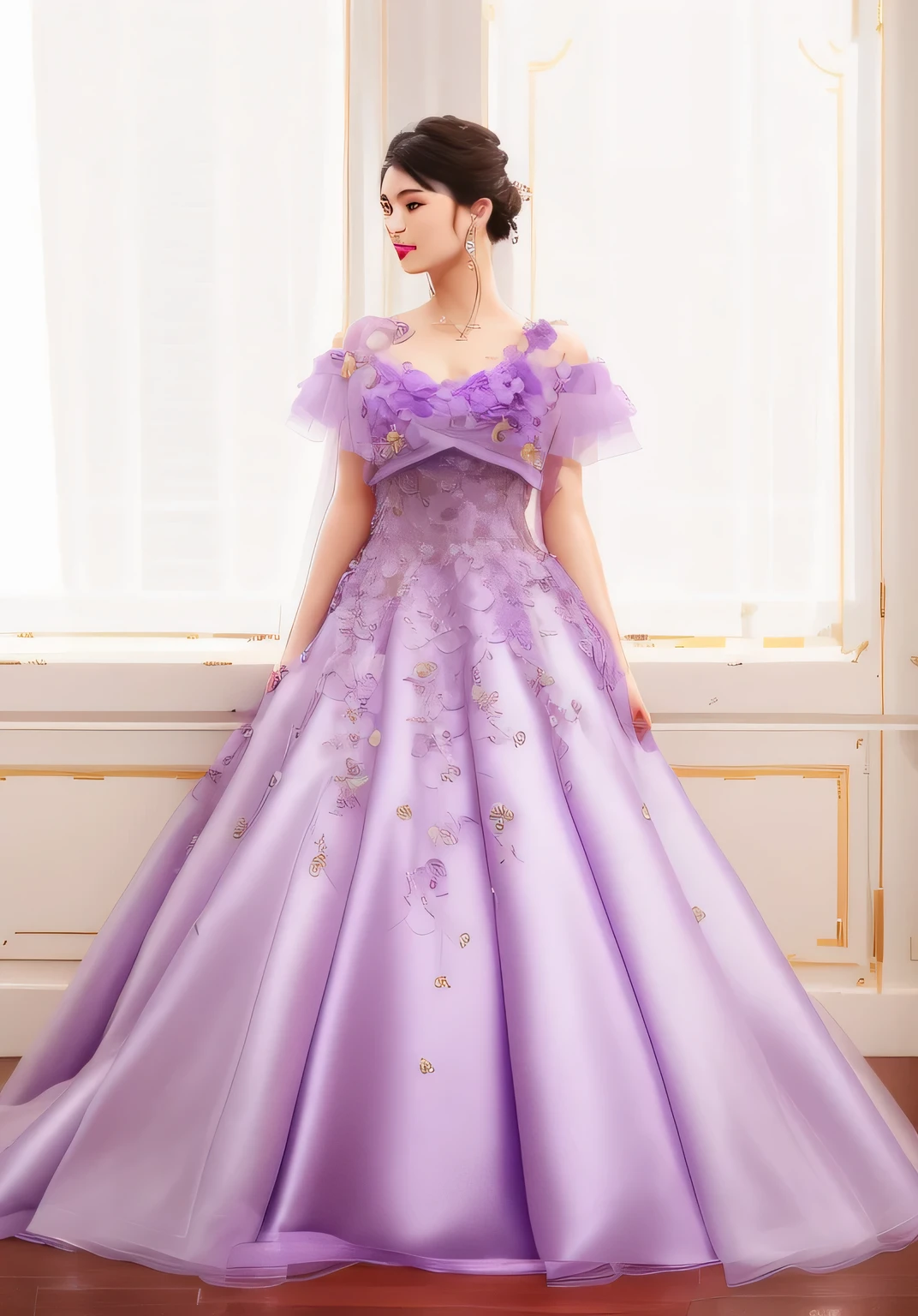 Woman in pastel dress on red carpet, Covered in pastel colors, Pastel Color Dresses, Wearing a pastel gown, dressed in purple, Wearing elegant dresses, wearing an evening gown, Half turn woman in evening dress, Wearing a pastel colored strapless dress, dressed beautiful gown