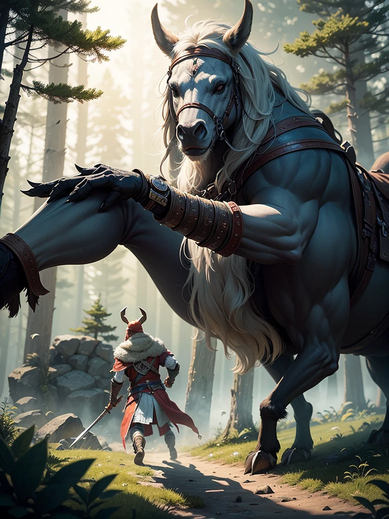 An assassin infiltrating ancient Scandinavian landscapes in the game "Assassin's Creed Valhalla", with photorealistic graphics and ultra-detailed imagery, depicting the protagonist's actions and surroundings. The protagonist, a brave Viking warrior with piercing blue eyes and a fierce expression, is clad in intricately designed Viking armor, wielding a legendary double-edged battle axe. In the background, there is a dense forest with tall, ancient pine trees, their branches swaying in the wind. The sunlight filters through the foliage, creating dramatic beams of light that illuminate the scene. The air is filled with a misty ambiance, adding a sense of mystery and anticipation. The game world showcases a vibrant color palette, capturing the scenic beauty of the Nordic landscapes. The landscapes are rendered with physically-based rendering techniques, resulting in an authentic feel and realistic textures. The gameplay is accentuated with skillful parkour movements, as the protagonist effortlessly scales towering cliff sides and leaps across rooftops with fluid motions. The immersive experience is complemented by the ambient sound of the wind rustling through leaves, birds chirping, and distant echoes of Viking battles. As the player explores the vast game world, they unravel a rich narrative steeped in Norse mythology, weaving together historical accuracy and ancient legends in a captivating storytelling experience.