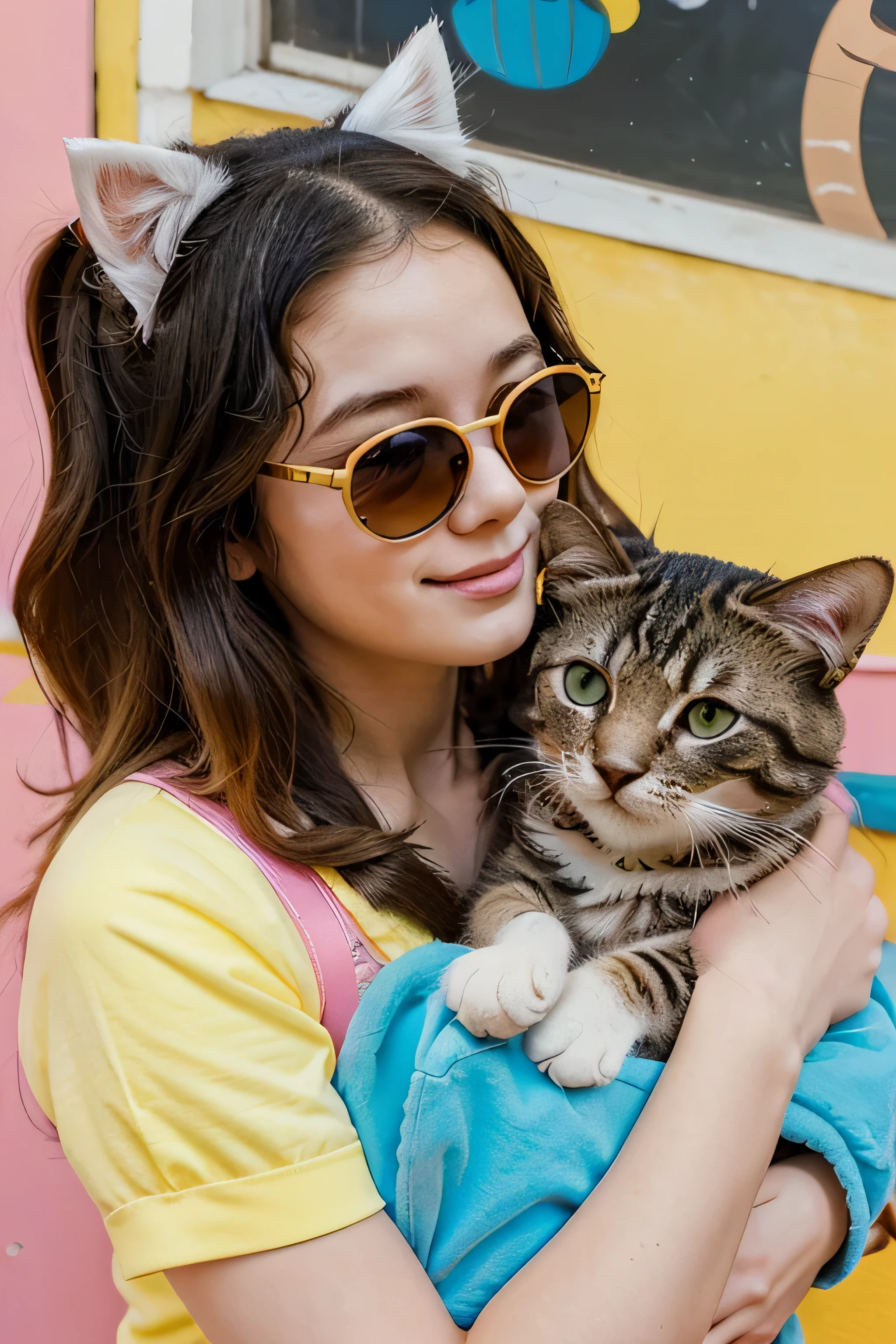??? girl with sunglasses with pet cat. Happy preschool girl taking care and cuddle fluffy pet. Cartoon vector illustration set of love and friendship between baby owner and his puppy and kitty. in the style of yoh nagao, lively tavern scenes, outdoors and, yellow and pink, drugcore, cult party kei, fragmented advertising, playful use of line.