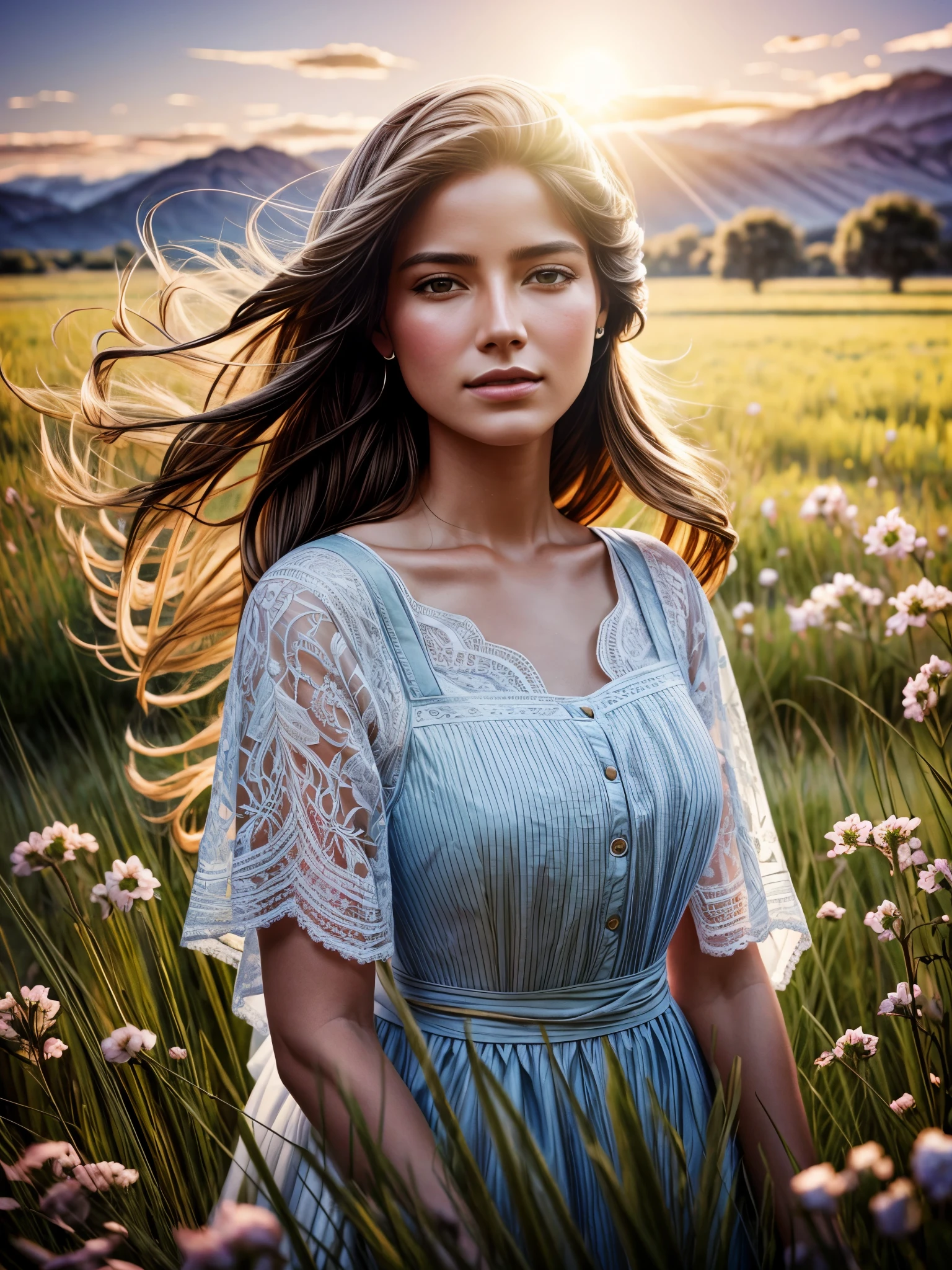 Portrait of a sweet woman in a bright windy field, River, (backlight), Realistic, Masterpiece, top quality, lens flare, shade, blossom, [[Chromatic aberration]], Jeremy Lipking, Antonio J.. Mansanedo, digital painting, Style-GlassFinal, natural skin texture