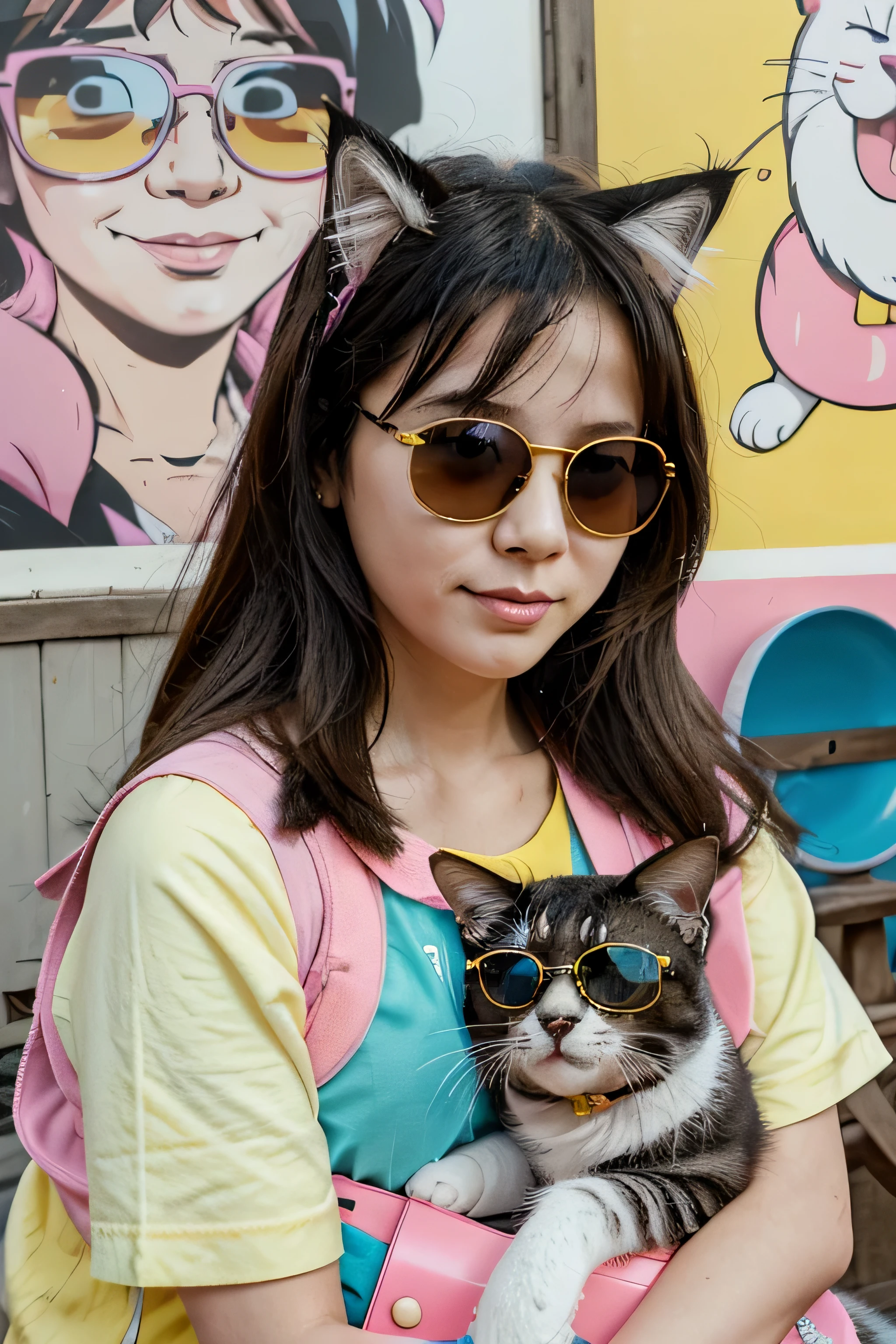 Kid girl with sunglasses with pet cat. Happy preschool girl taking care and cuddle fluffy pet. Cartoon vector illustration set of love and friendship between baby owner and his puppy and kitty. in the style of yoh nagao, lively tavern scenes, outdoors and, yellow and pink, drugcore, cult party kei, fragmented advertising, playful use of line.