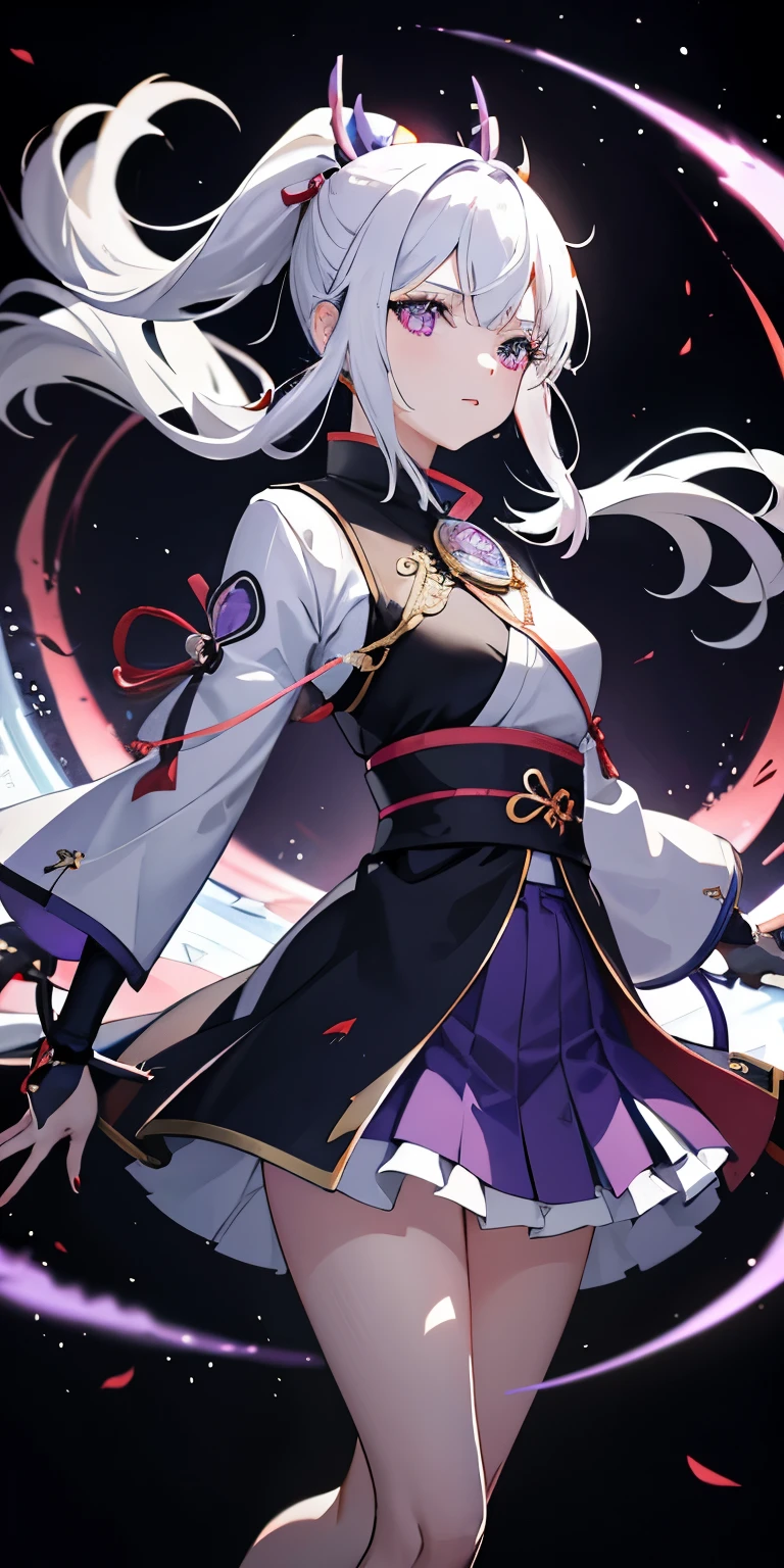 1 girl, japanese clothes, ponytail ,white hair, purple eyes, magic circle, blue flame, blue flame, wallpaper, landscape, Blood, Blood splatter, depth of field, night, light particles, light, side light, thigh, destiny \(series\), Genshin Impact, ****, open jacket, skirt, Raise your legs high, cloud