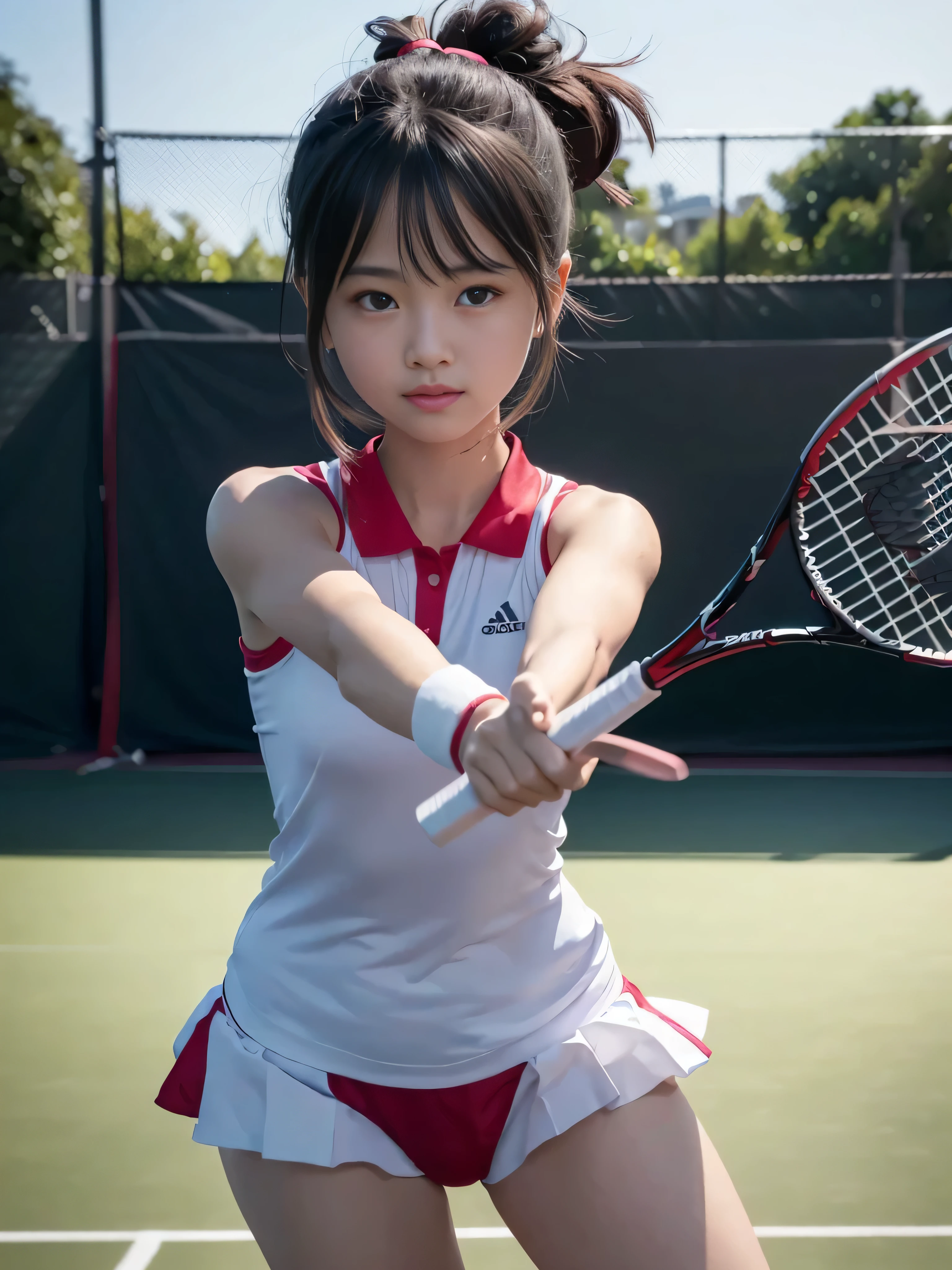 (RAW image quality:1.4), official art, Unity 8K 壁紙, Super detailed, masterpiece, highest quality, 1 female, (very detailed),(RAW photo、highest quality)、(realistic、Photoreal:1.3)、high detail、顔のvery detailed複雑な 3D レンダリング、(very detailed肌:1.2)、dynamic angle, mysterious look, fire glow effect, professional lighting, side light, cinematic light, 超A high resolution, 8k , film grain,best shadow, particles of light, Fine skin texture, detailed face, intricate details, Super detailed, light shines, powerful scam, Please think back、whole body, Tennis court、beautiful face、blurred background、18 year old beautiful girl、shiny skin、ponytail、Beautiful hair of black color、gray eyes、Tie your hair with a big red ribbon、(tennis wear、Holding a racket、dynamic pose:1.3)、raise your arms、smile with open mouth、curve、dynamic pose、white panties、