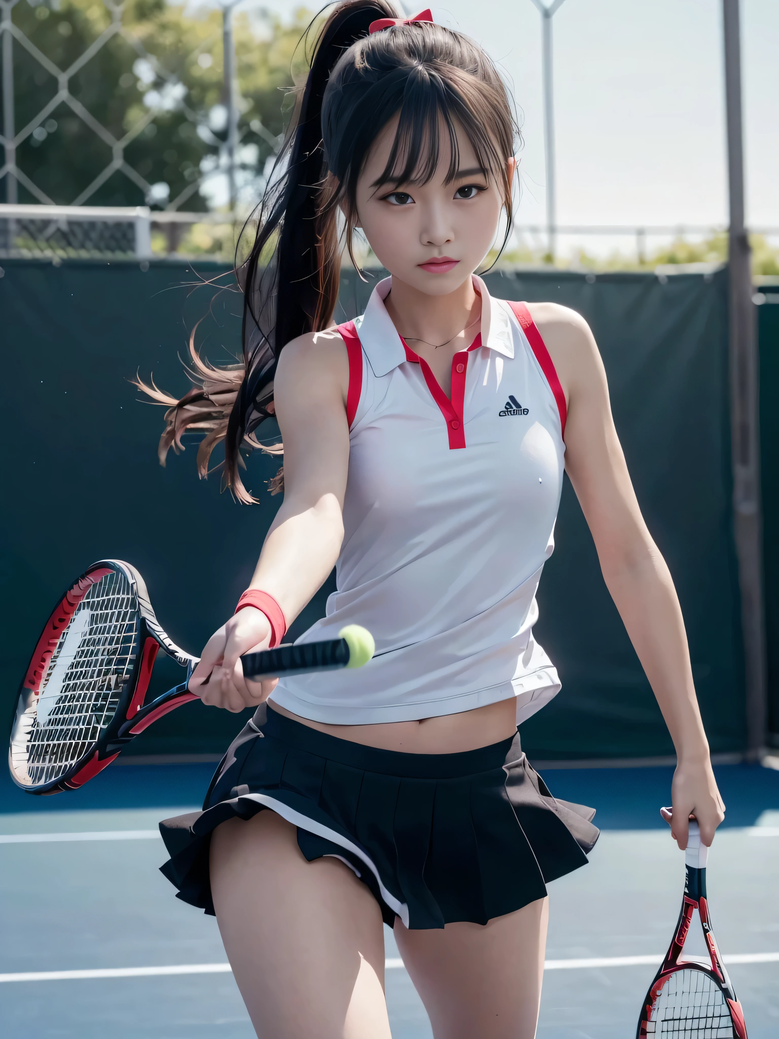 (RAW image quality:1.4), official art, Unity 8K 壁紙, Super detailed, masterpiece, highest quality, 1 female, (very detailed),(RAW photo、highest quality)、(realistic、Photoreal:1.3)、high detail、顔のvery detailed複雑な 3D レンダリング、(very detailed肌:1.2)、dynamic angle, mysterious look, fire glow effect,  professional lighting, side light, cinematic light, 超A high resolution, 8k , film grain,best shadow, particles of light, Fine skin texture, detailed face, intricate details, Super detailed, light shines, powerful scam, Please think back、whole body, Tennis court、beautiful face、blurred background、18 year old beautiful girl、shiny skin、ponytail、Beautiful hair of black color、gray eyes、Tie your hair with a big red ribbon、(tennis wear、Holding a racket、dynamic pose:1.3)、raise your arms、smile with open mouth、curve、dynamic pose、white panties、