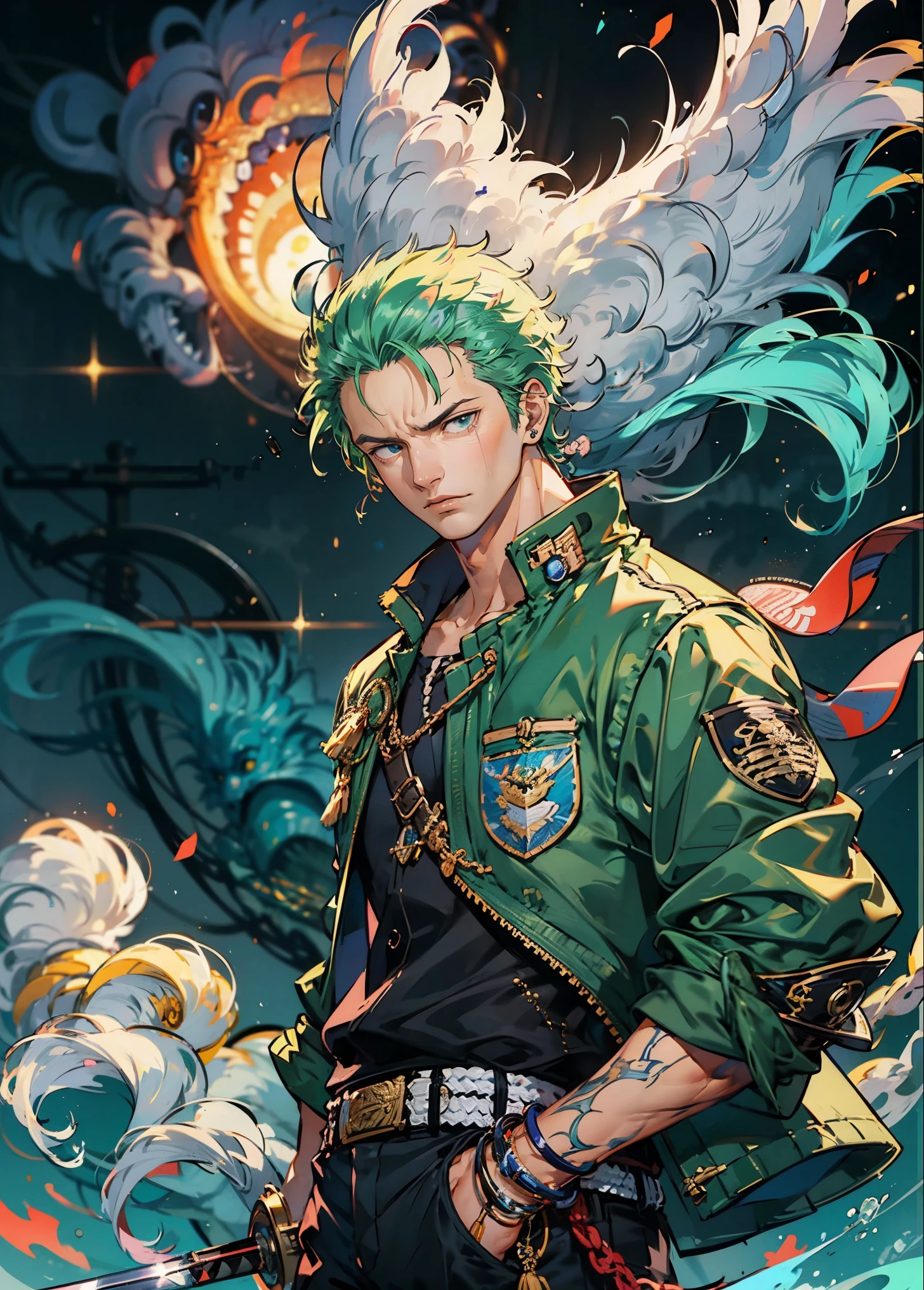 (4k quality),Roronoa Zoro, 1 boy, holding sword, Battle pose, blue sky, serious face,