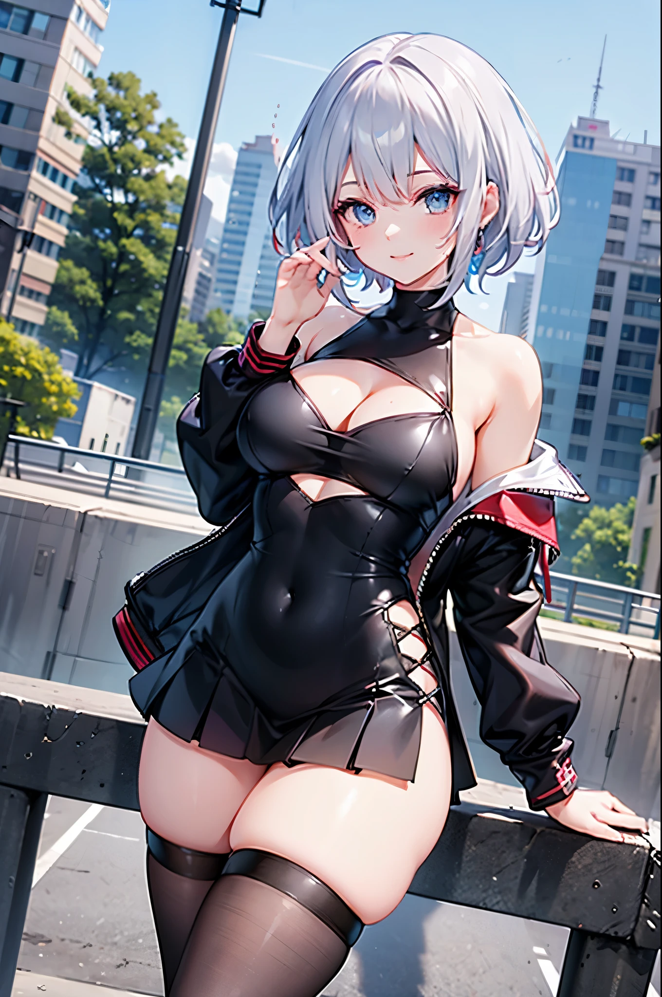 realistic image, coherent image, detailed image, 1 beautiful girl. She has short, white hair. Her eyes are blue, long eyelashes. Her face is oval and delicate, smiling. She is wearing a long-sleeved, shoulder-baring, off-shoulder top, pleated mini skirt, and mid-thigh stockings. She has a curvy body, medium breasts, thick thighs. sexy pose. Background of destroyed buildings, surrounded by nature, natural lighting, volumetric lighting,